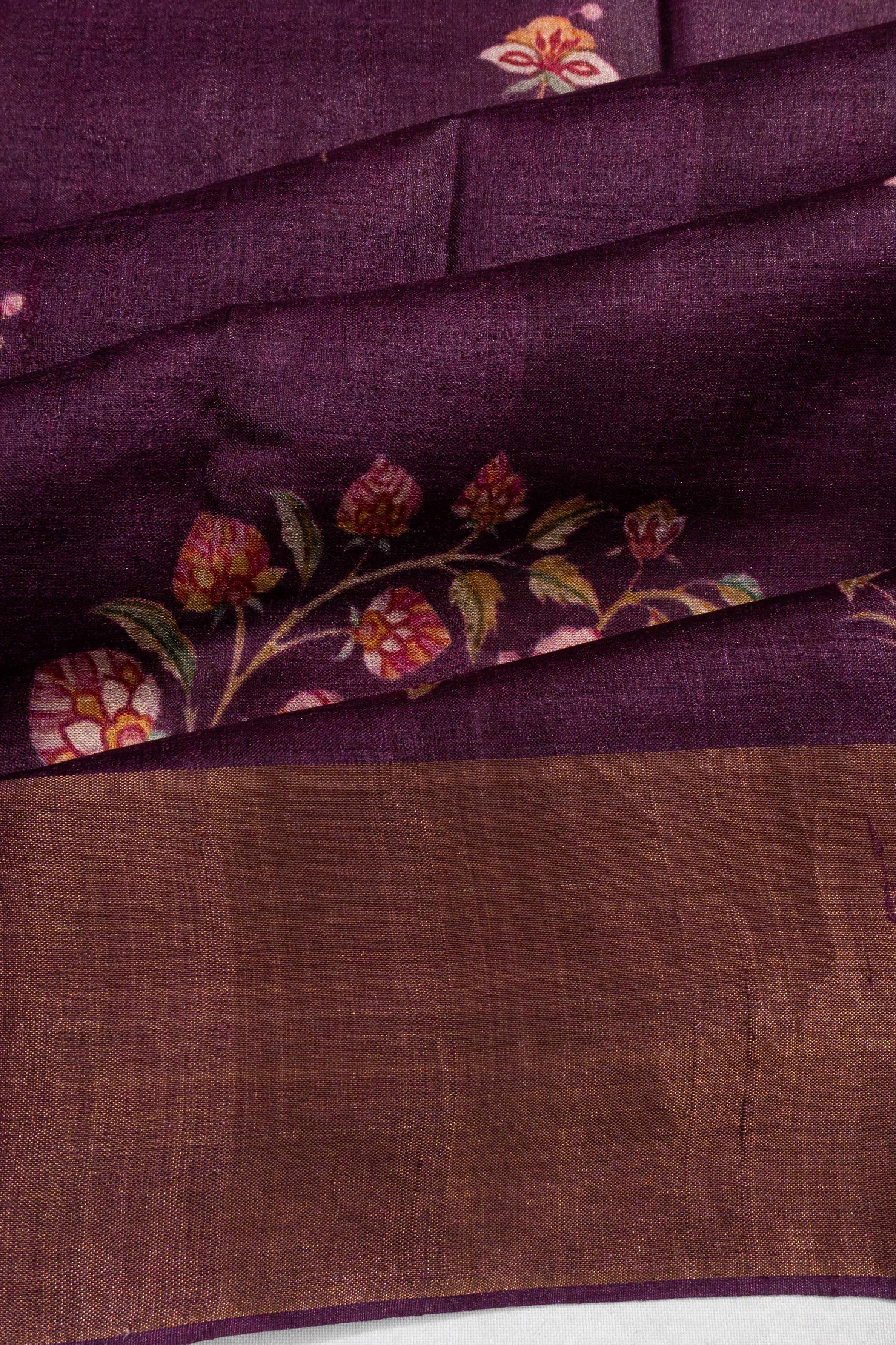 Tussar Floral Printed Butta Purple Saree