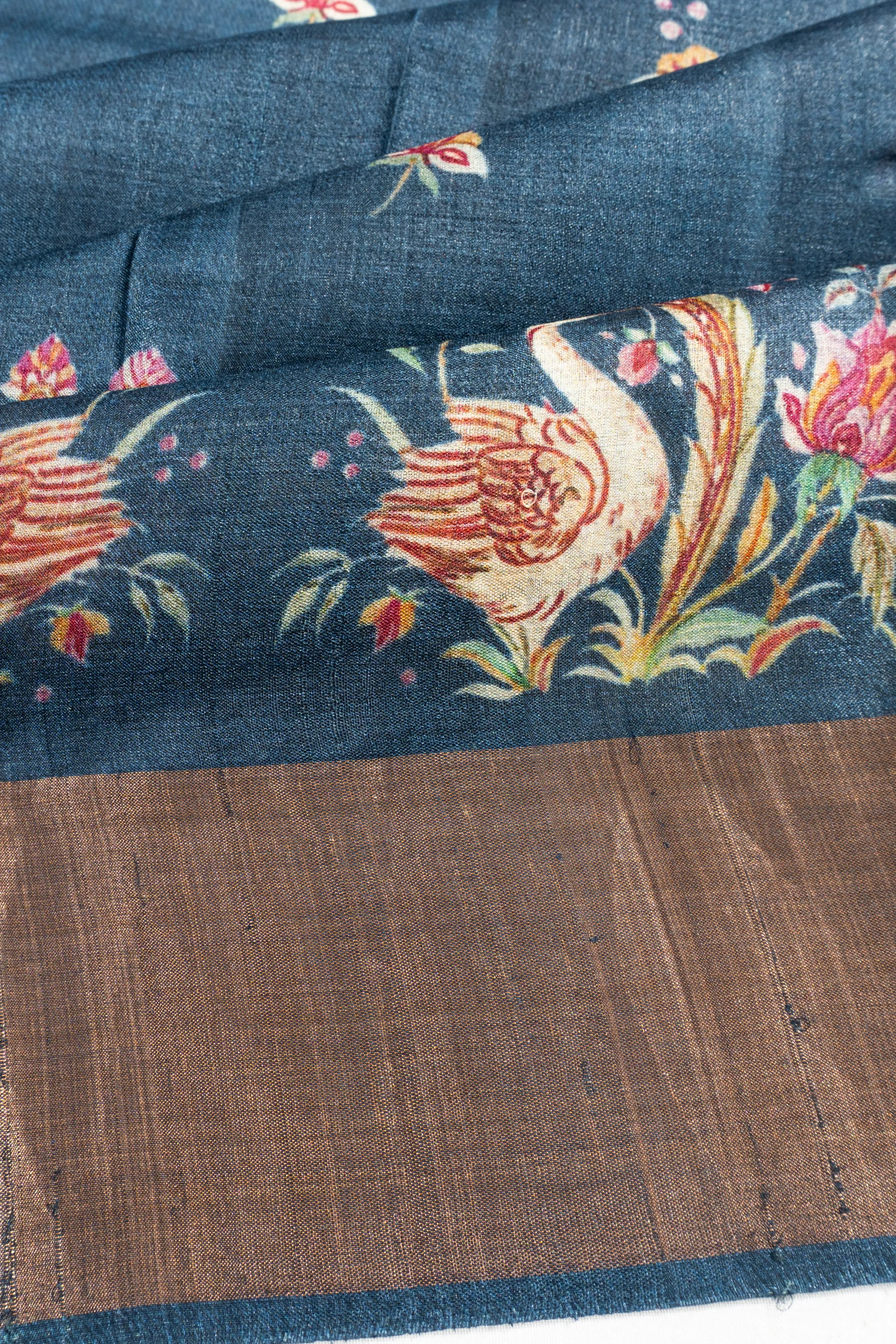 Tussar Floral Printed Butta Blue Saree