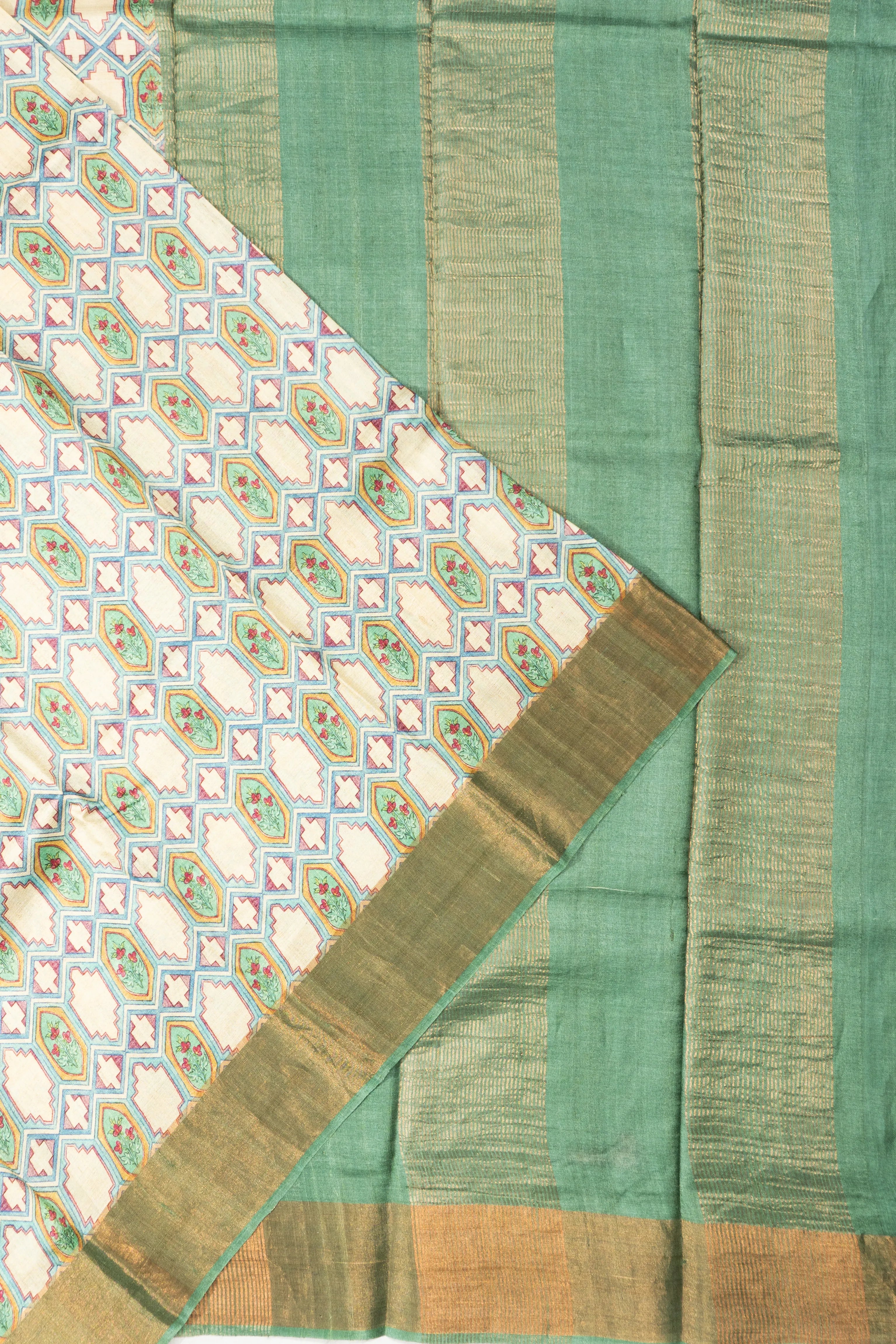 Tussar Floral Printed Off White Saree