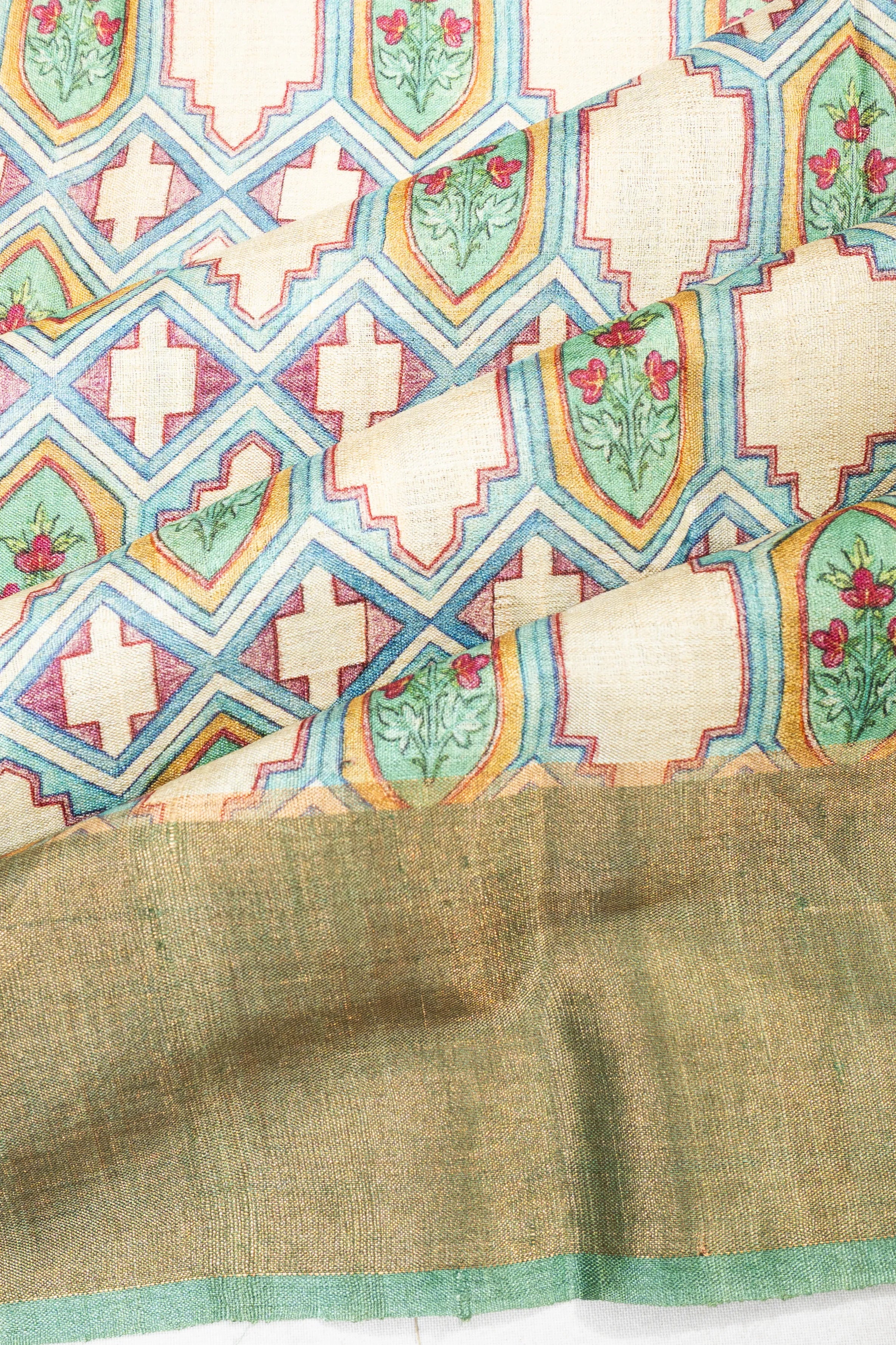 Tussar Floral Printed Off White Saree