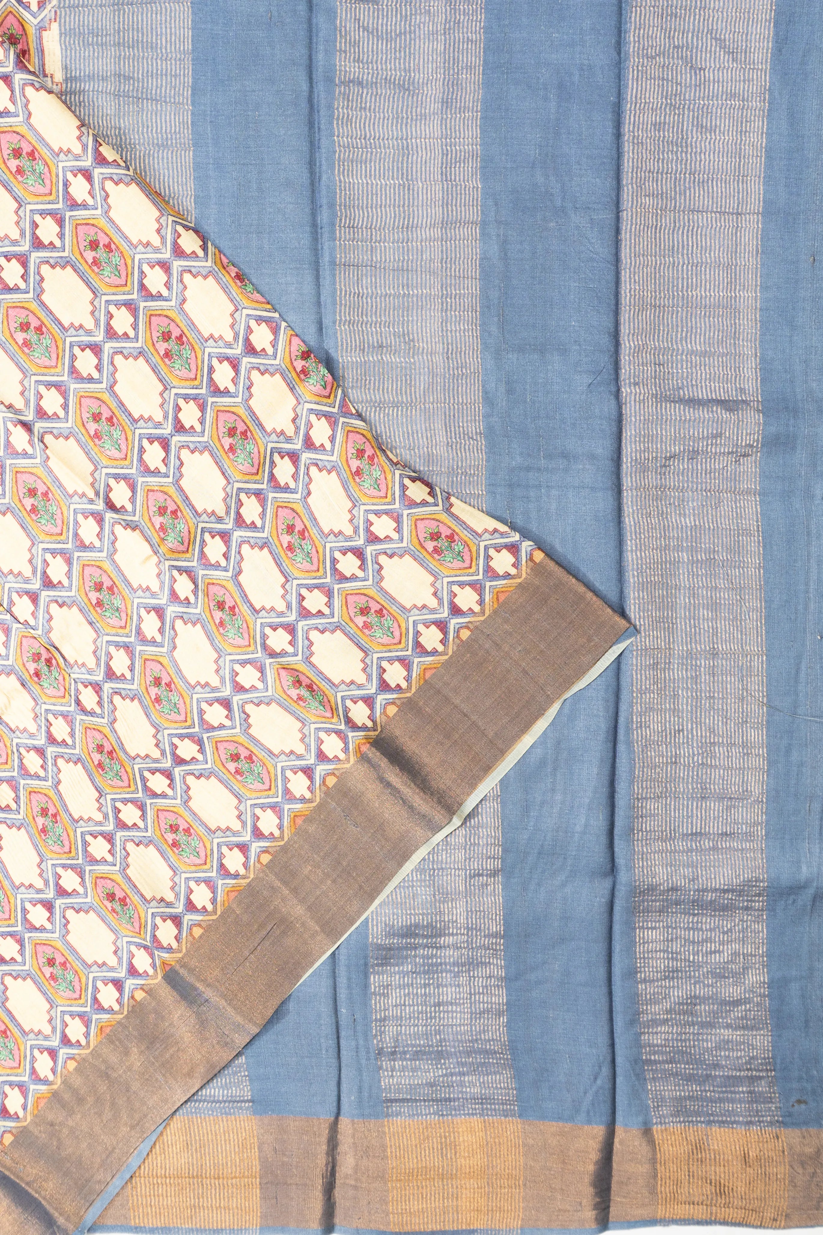 Tussar Floral Printed Off White Saree