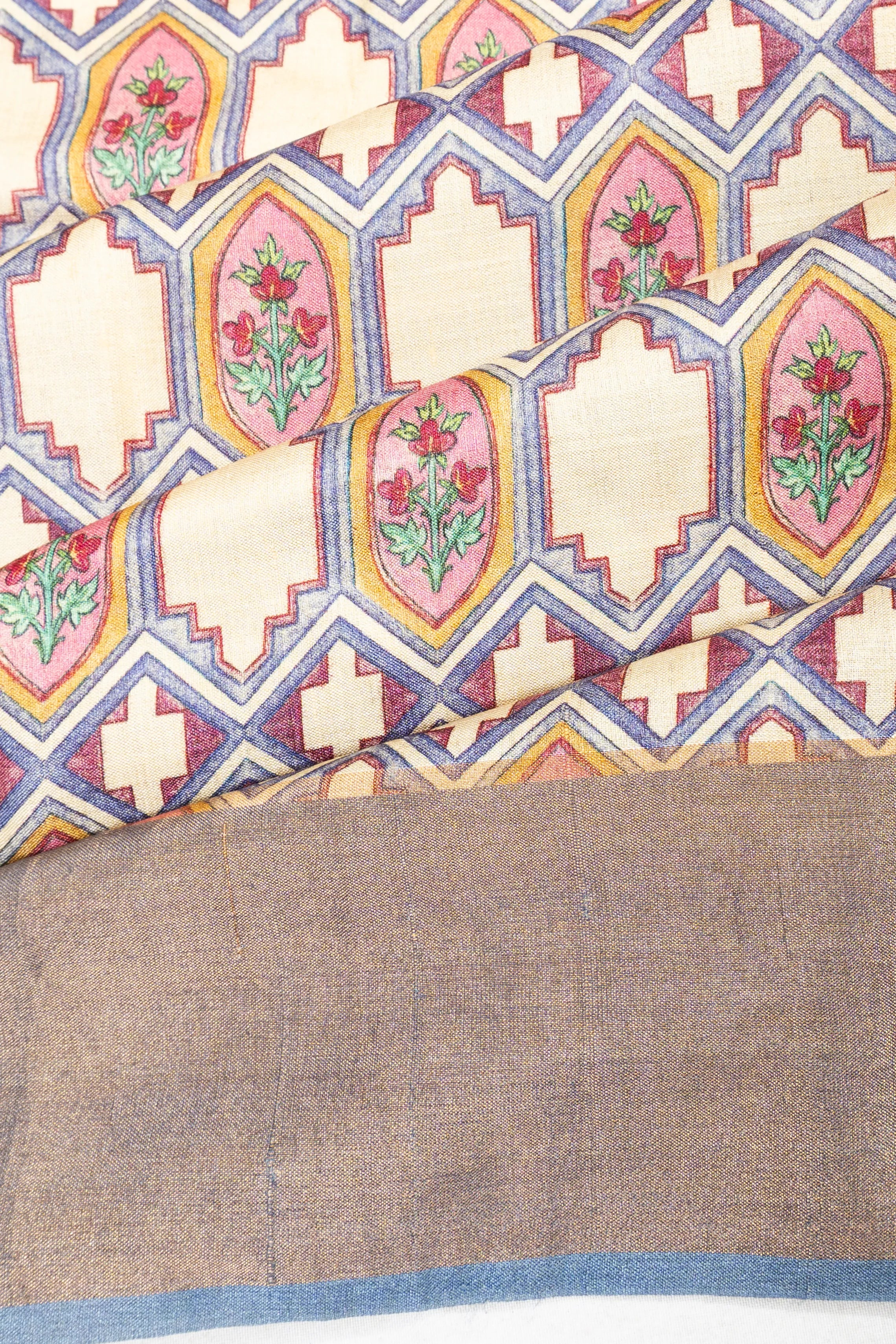 Tussar Floral Printed Off White Saree