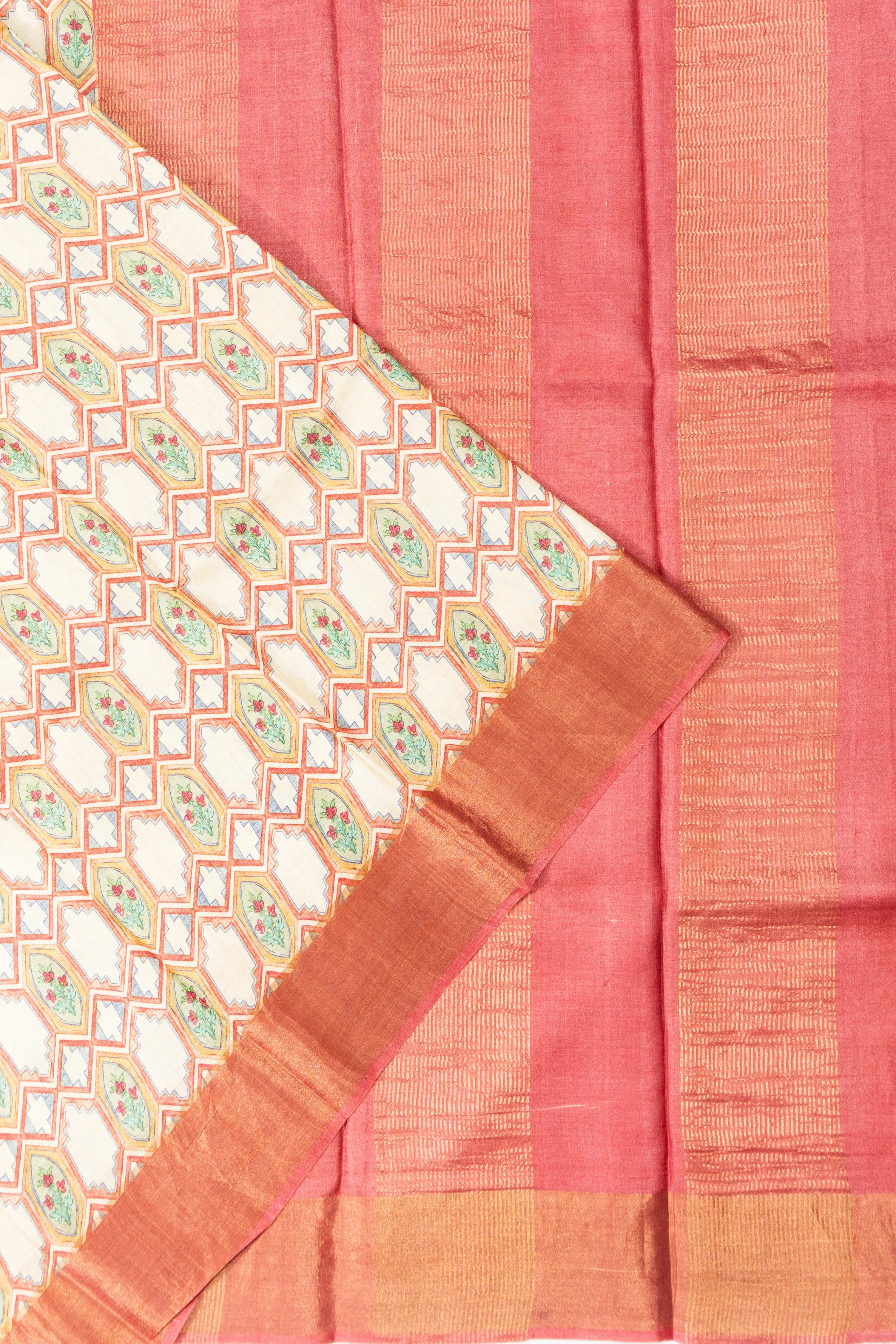 Tussar Floral Printed Off White Saree