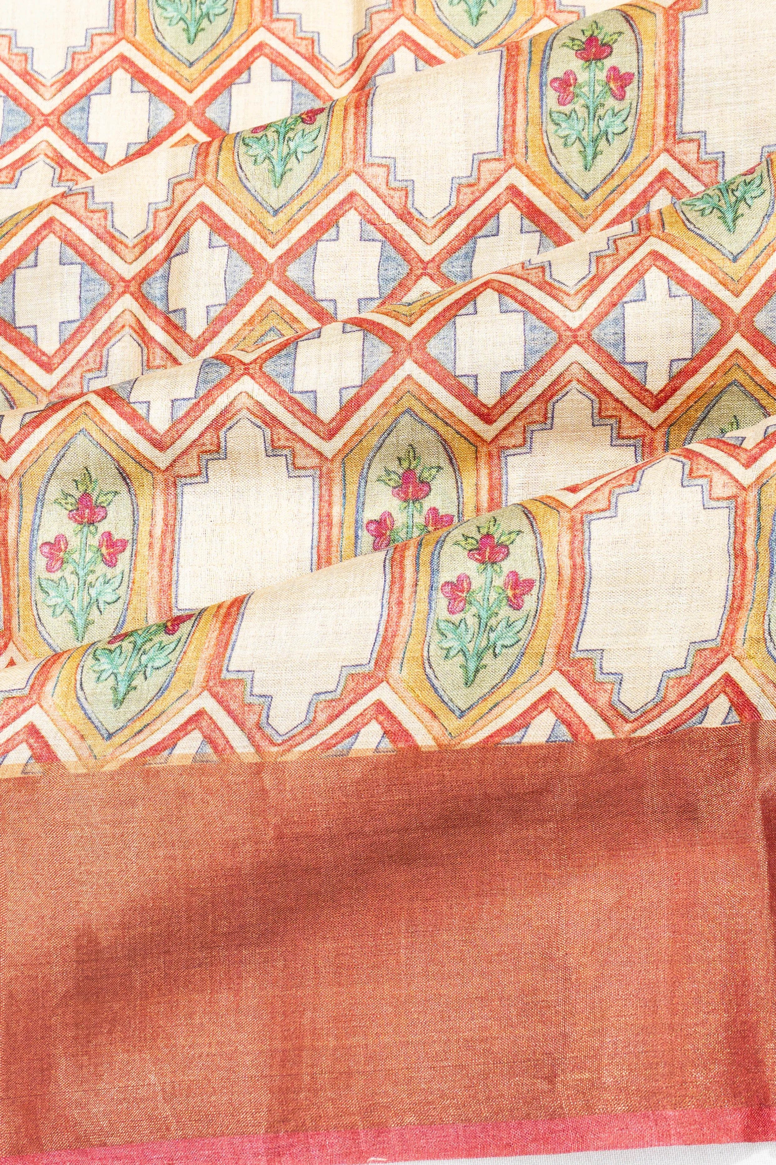 Tussar Floral Printed Off White Saree