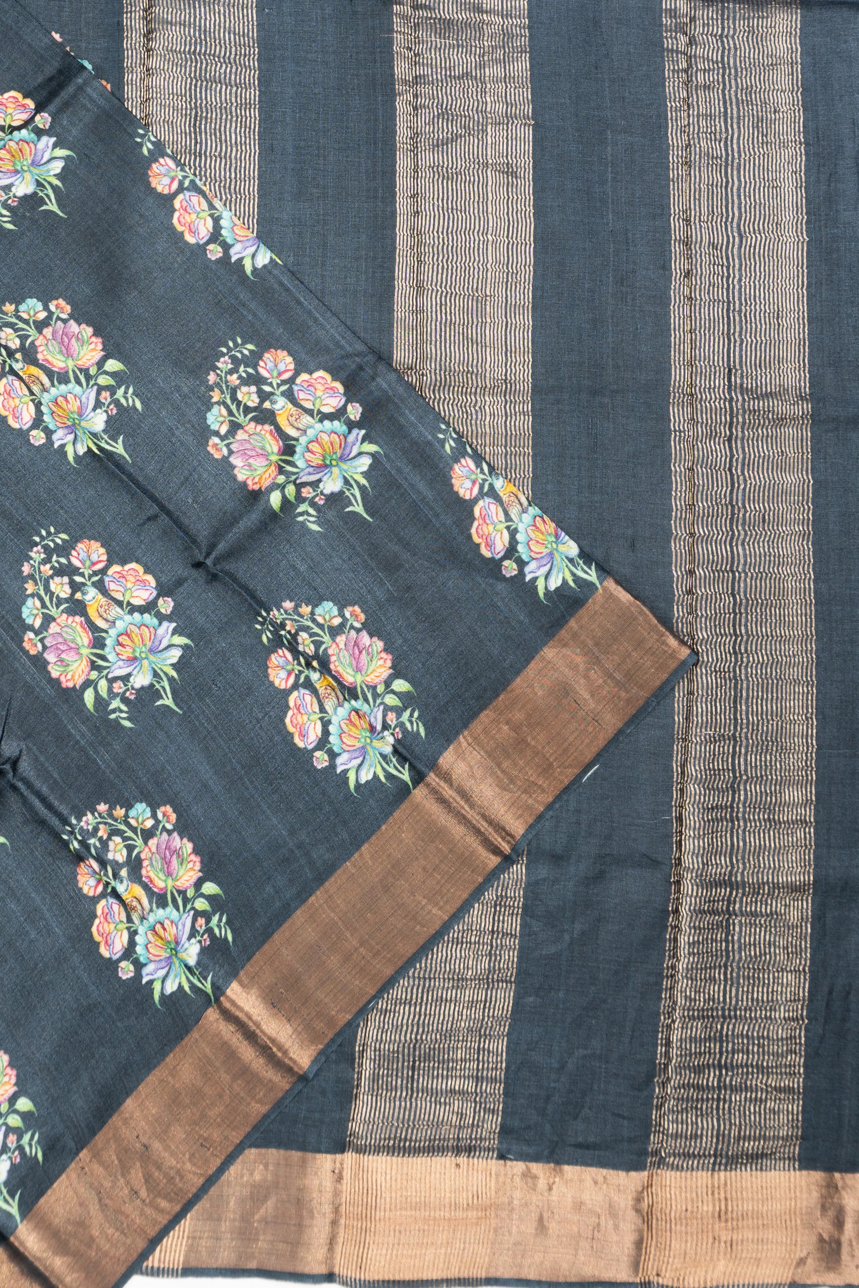 Tussar Floral Printed Butta Blue Saree