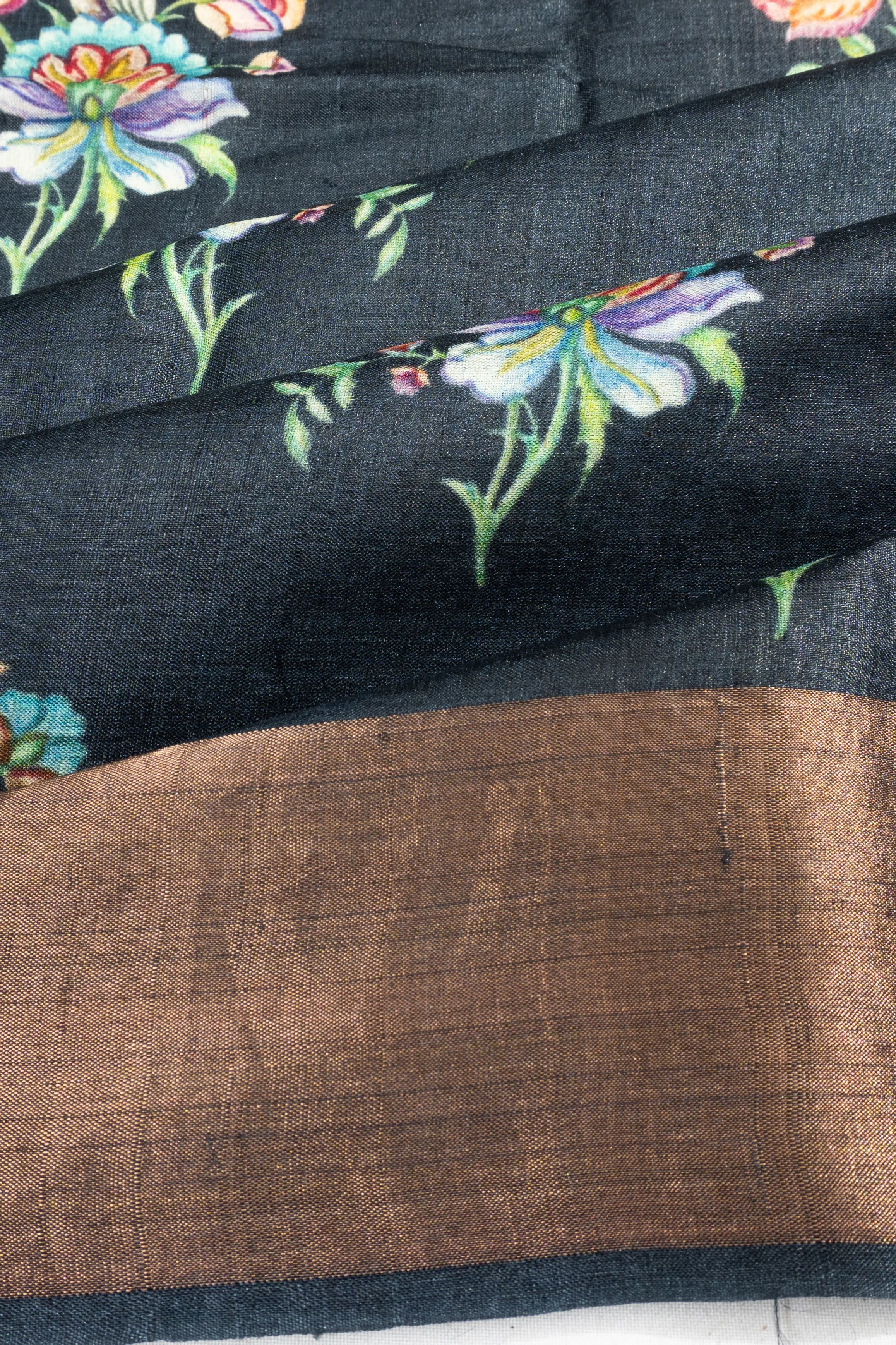 Tussar Floral Printed Butta Blue Saree