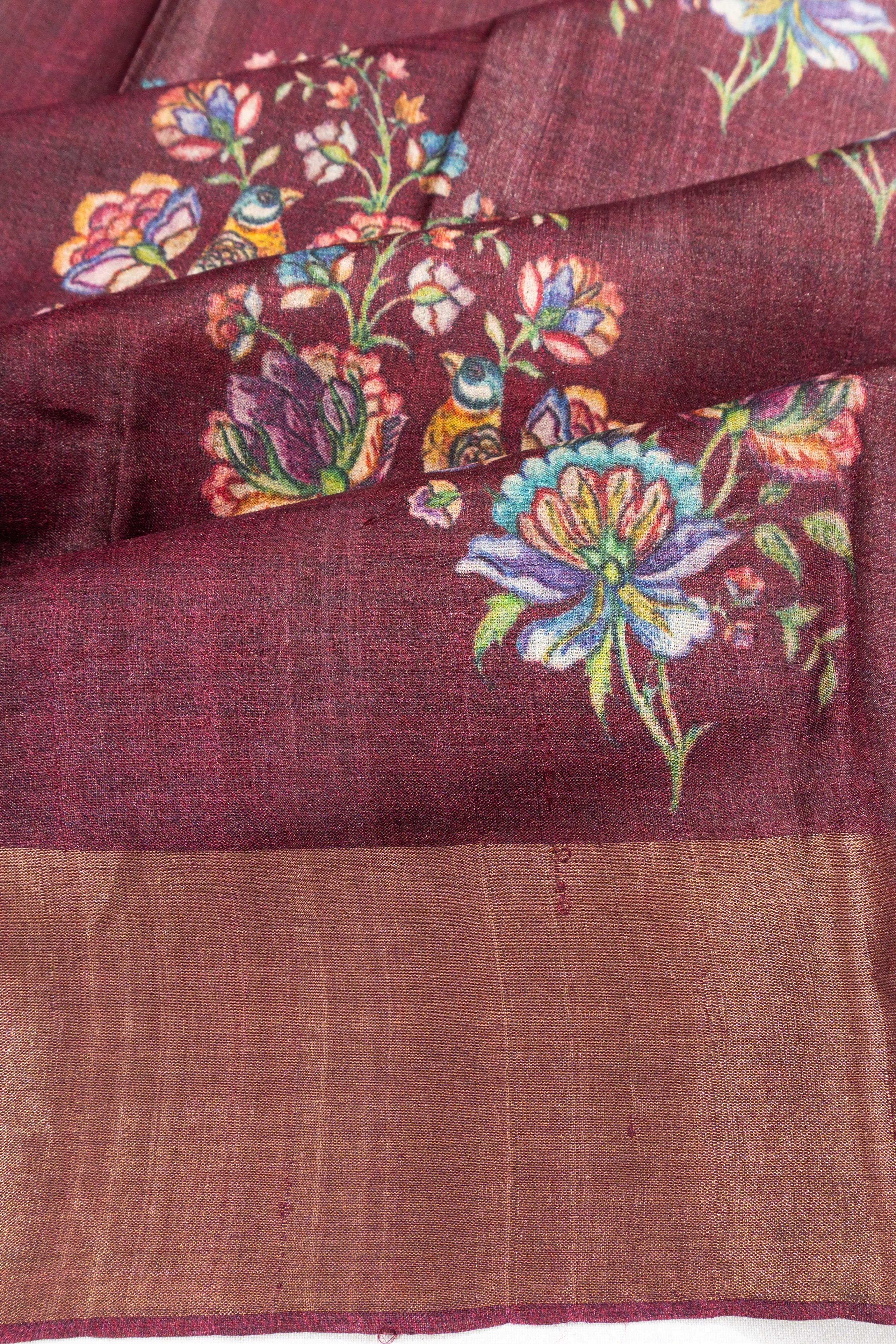 Tussar Floral Printed Butta Brown Saree