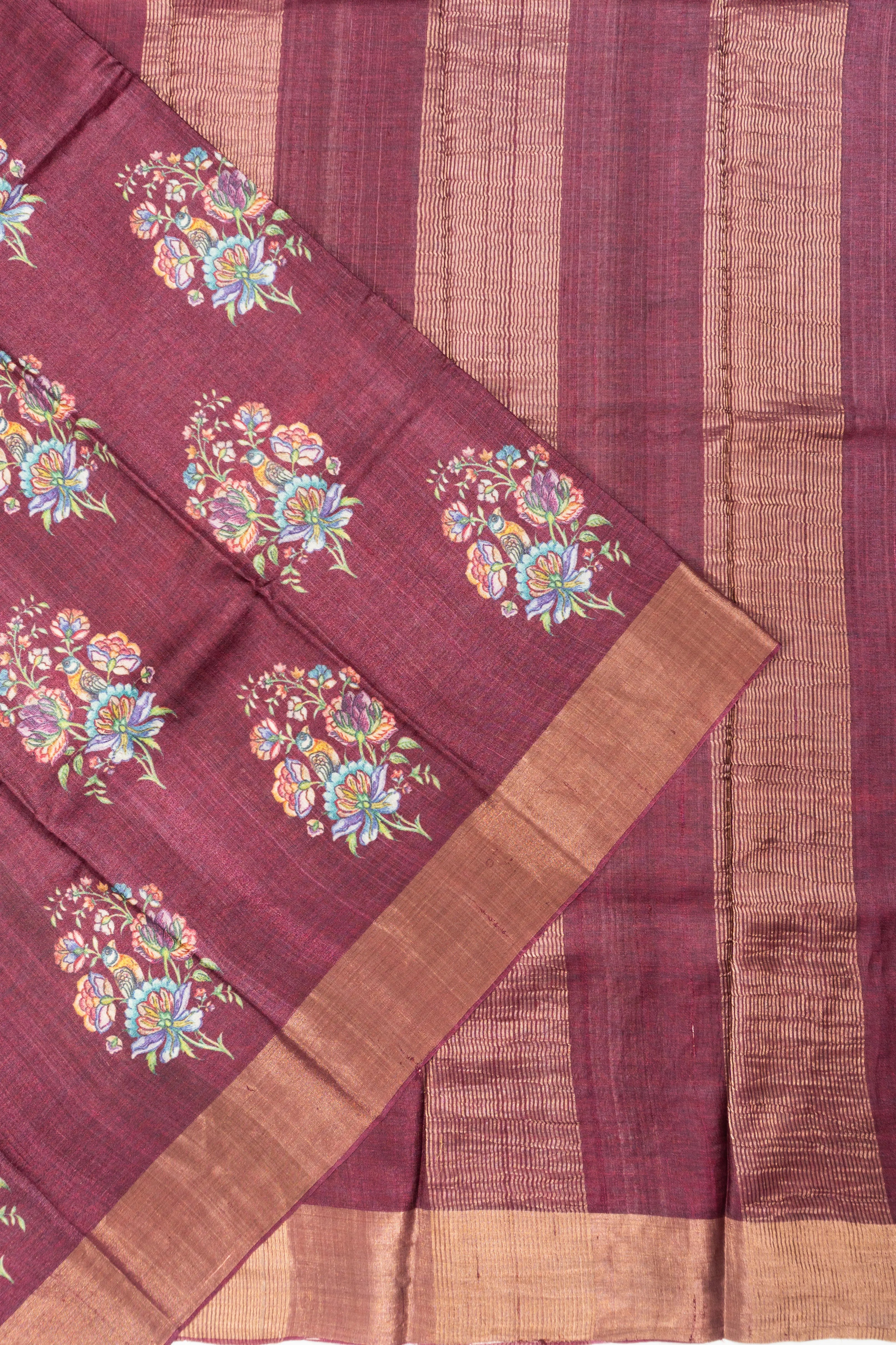 Tussar Floral Printed Butta Brown Saree