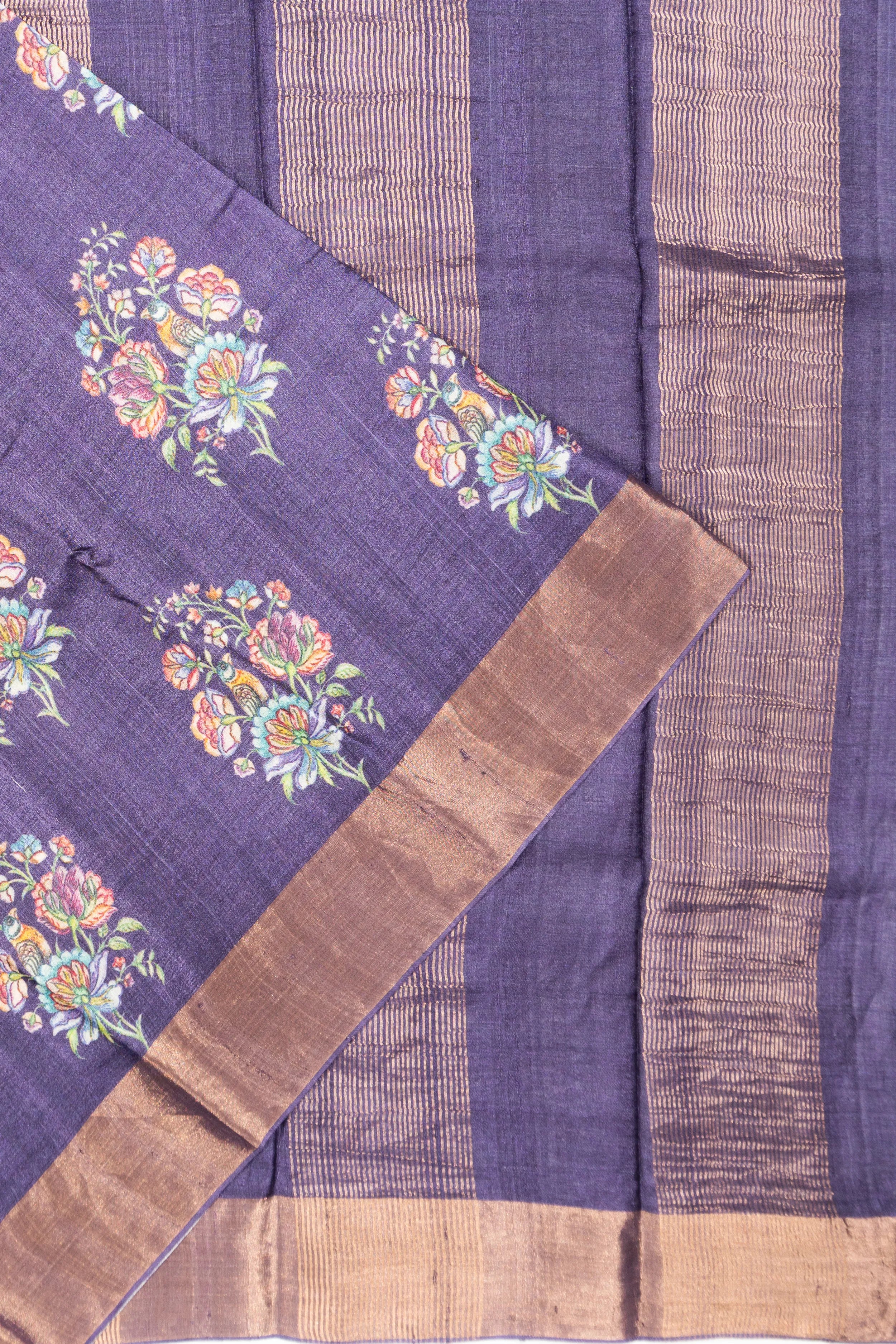Tussar Floral Printed Butta Violet Saree