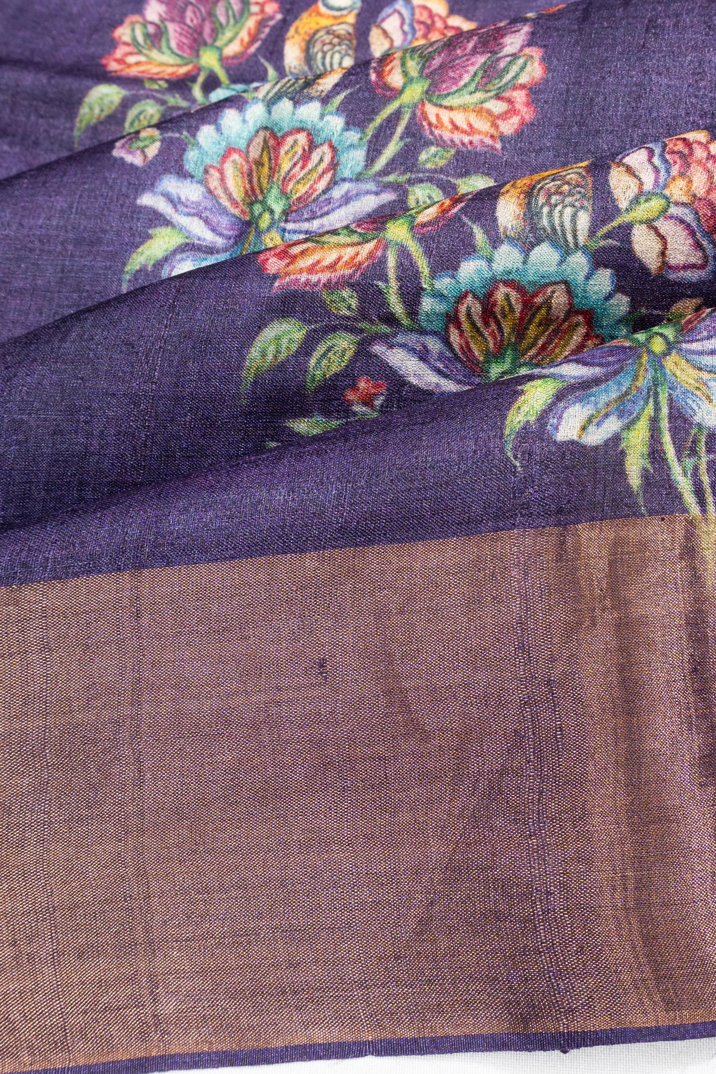 Tussar Floral Printed Butta Violet Saree