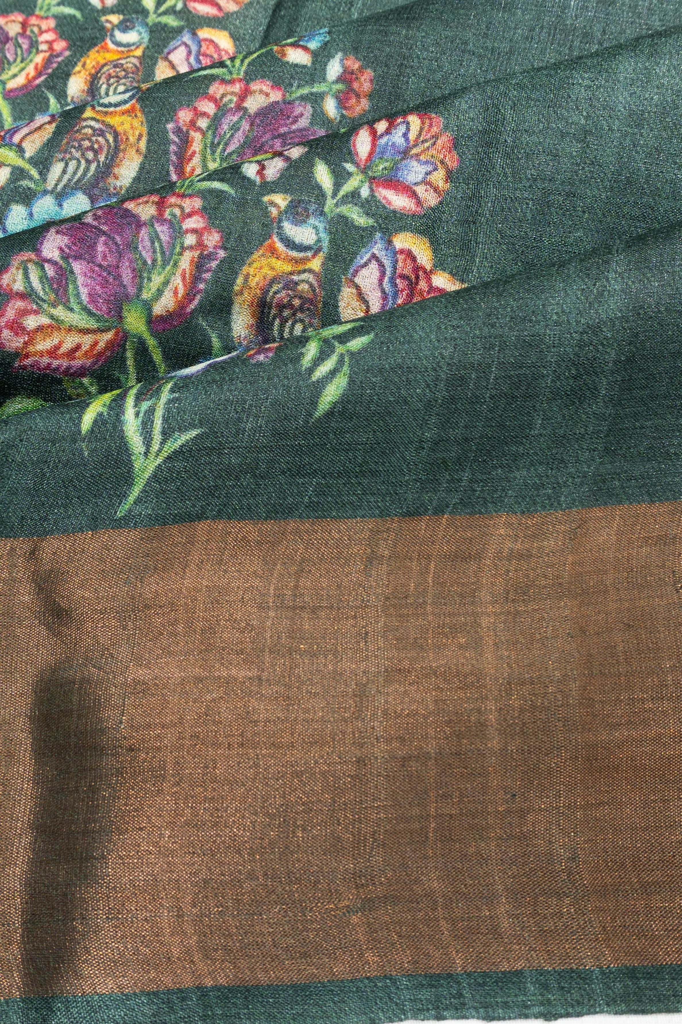 Tussar Floral Printed Butta Green Saree