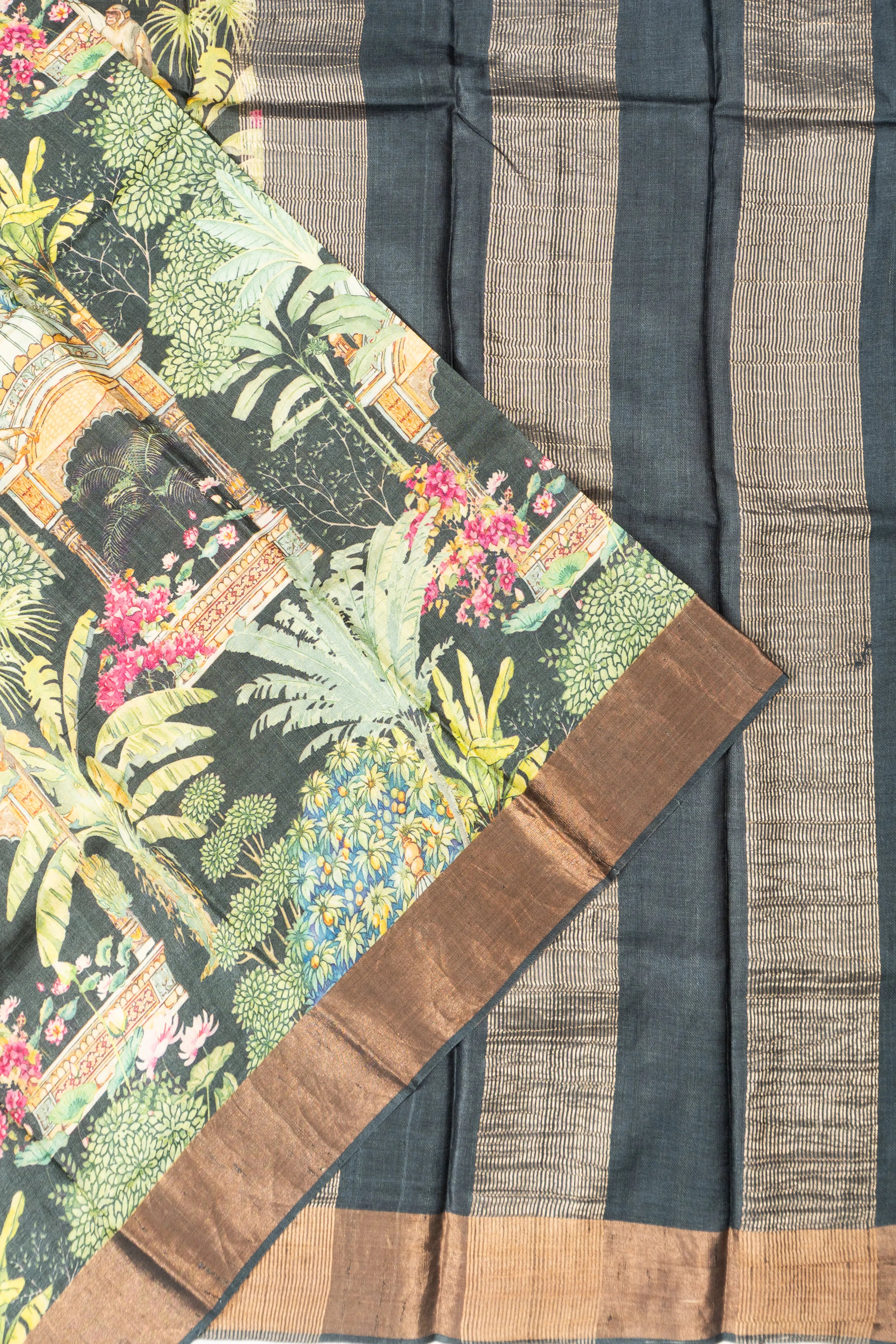 Tussar Printed Black Saree