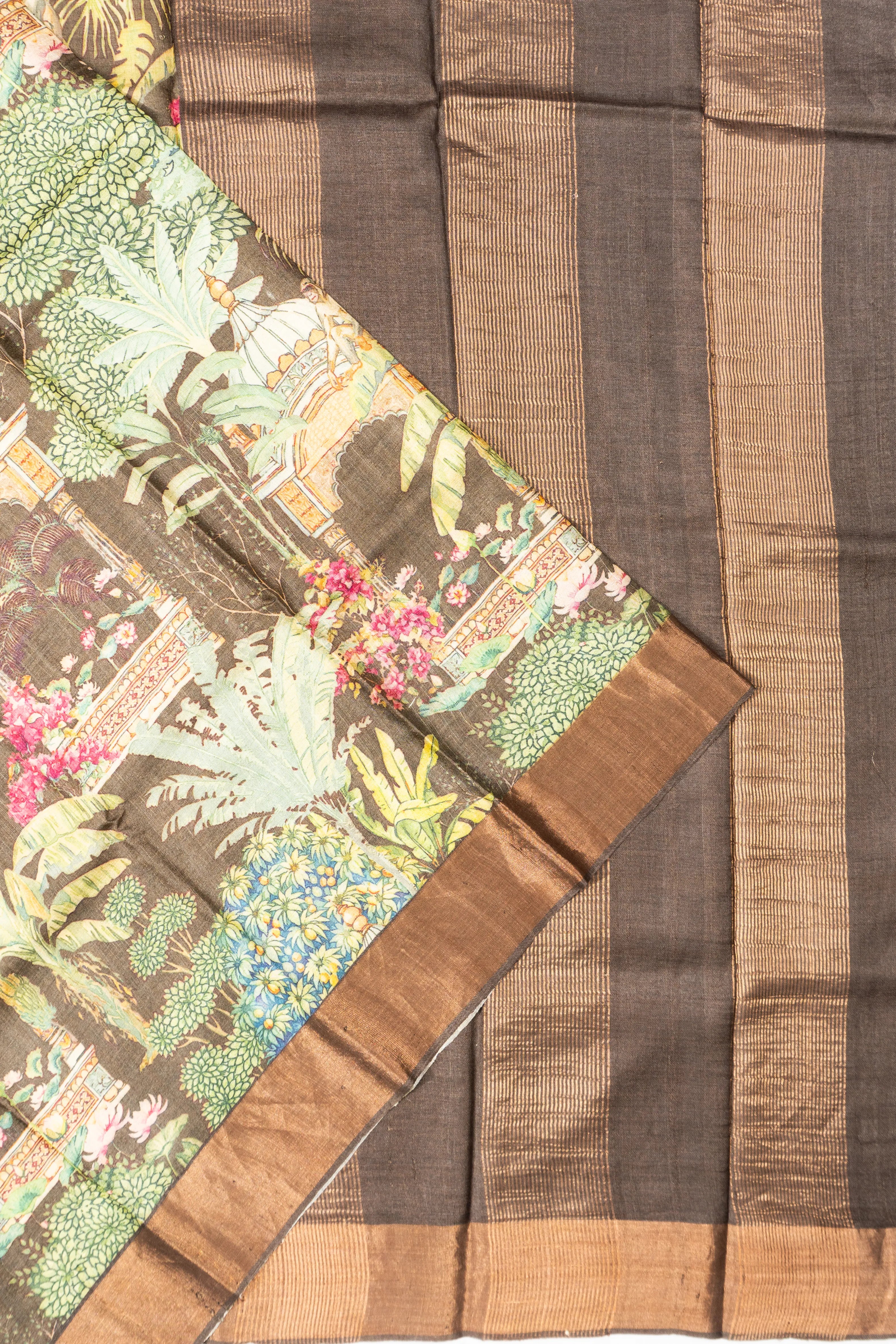 Tussar Printed Choco Brown Saree