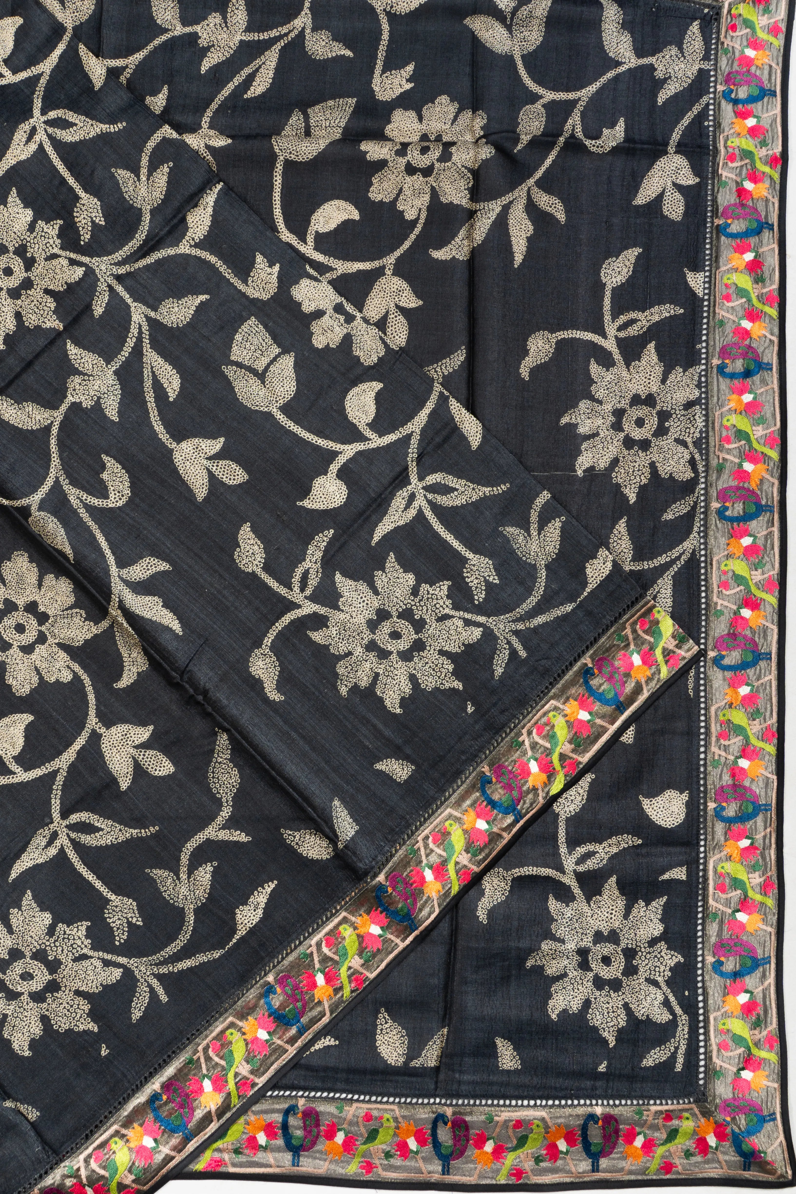 Tussar Floral Printed Black Saree With Embroidery Border