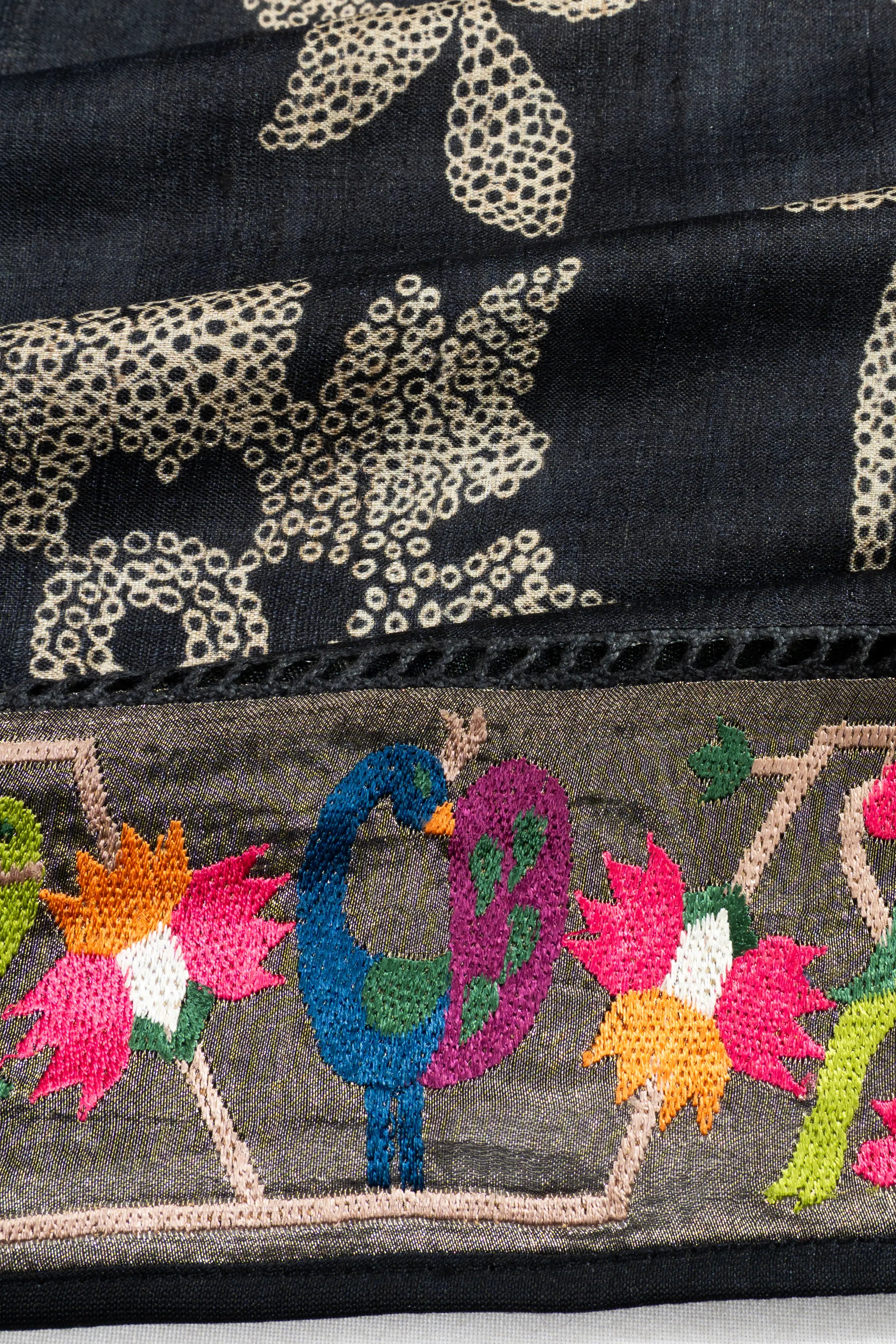 Tussar Floral Printed Black Saree With Embroidery Border