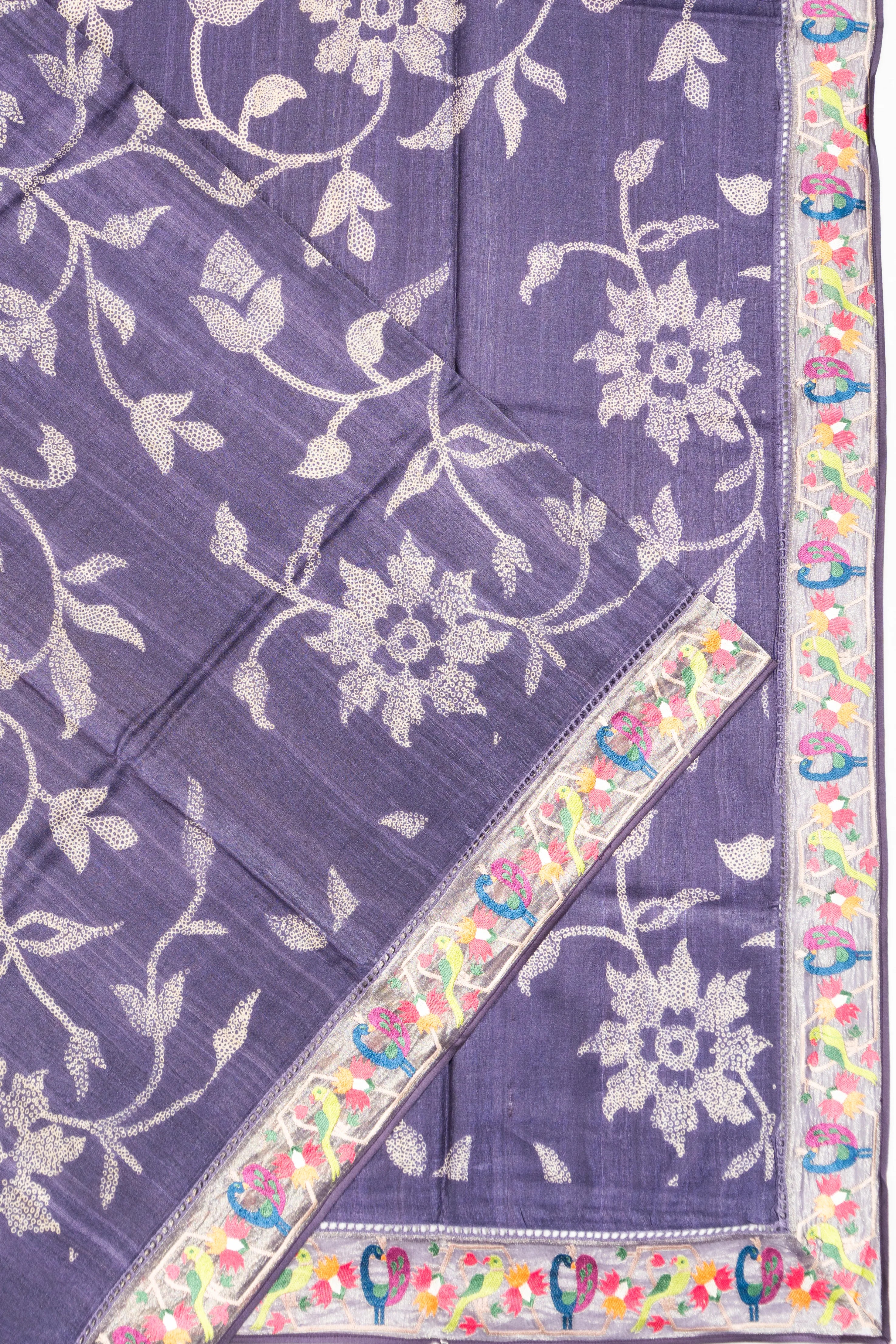 Tussar Floral Printed Lavender Saree With Embroidery Border