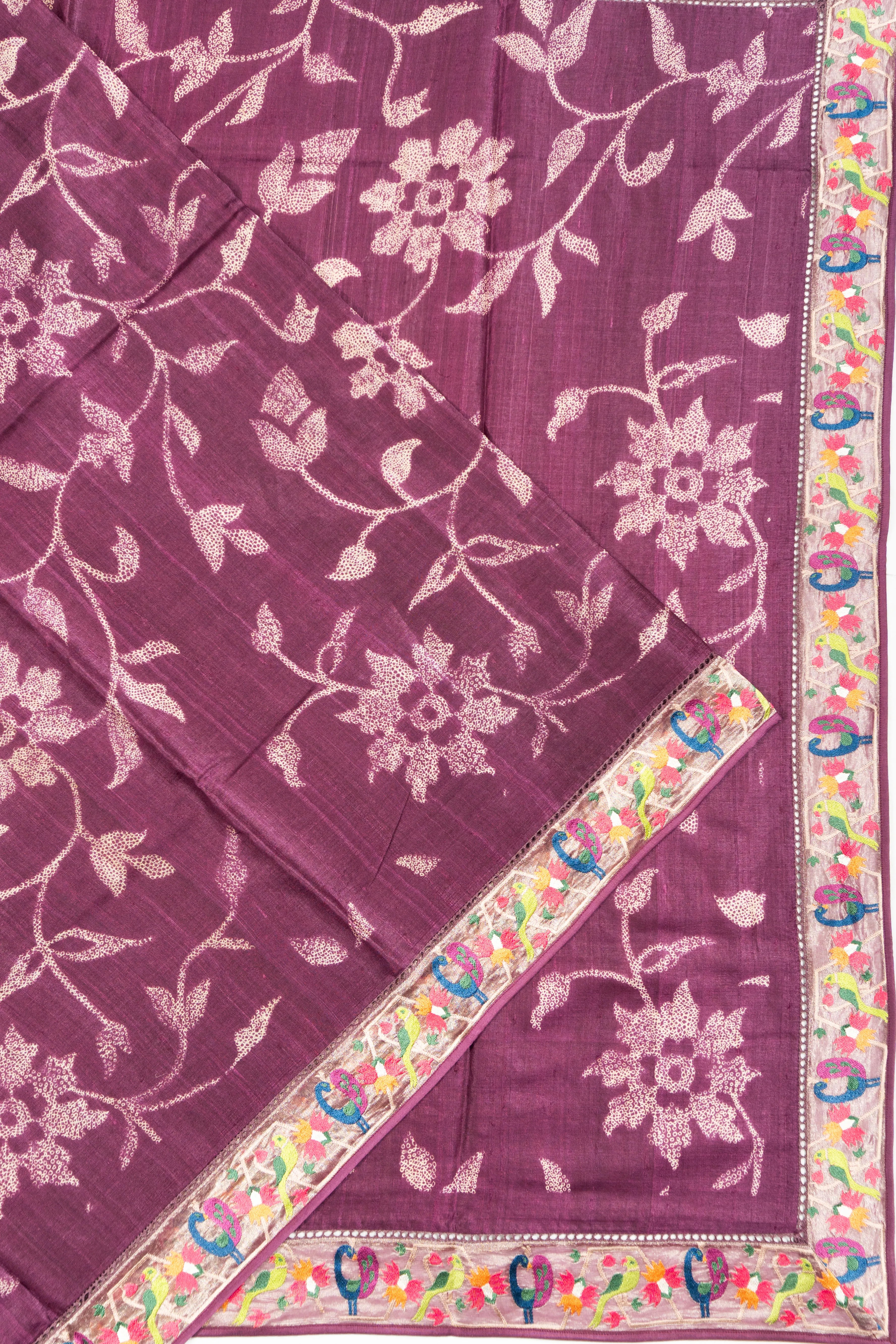 Tussar Floral Printed Purple Saree With Embroidery Border
