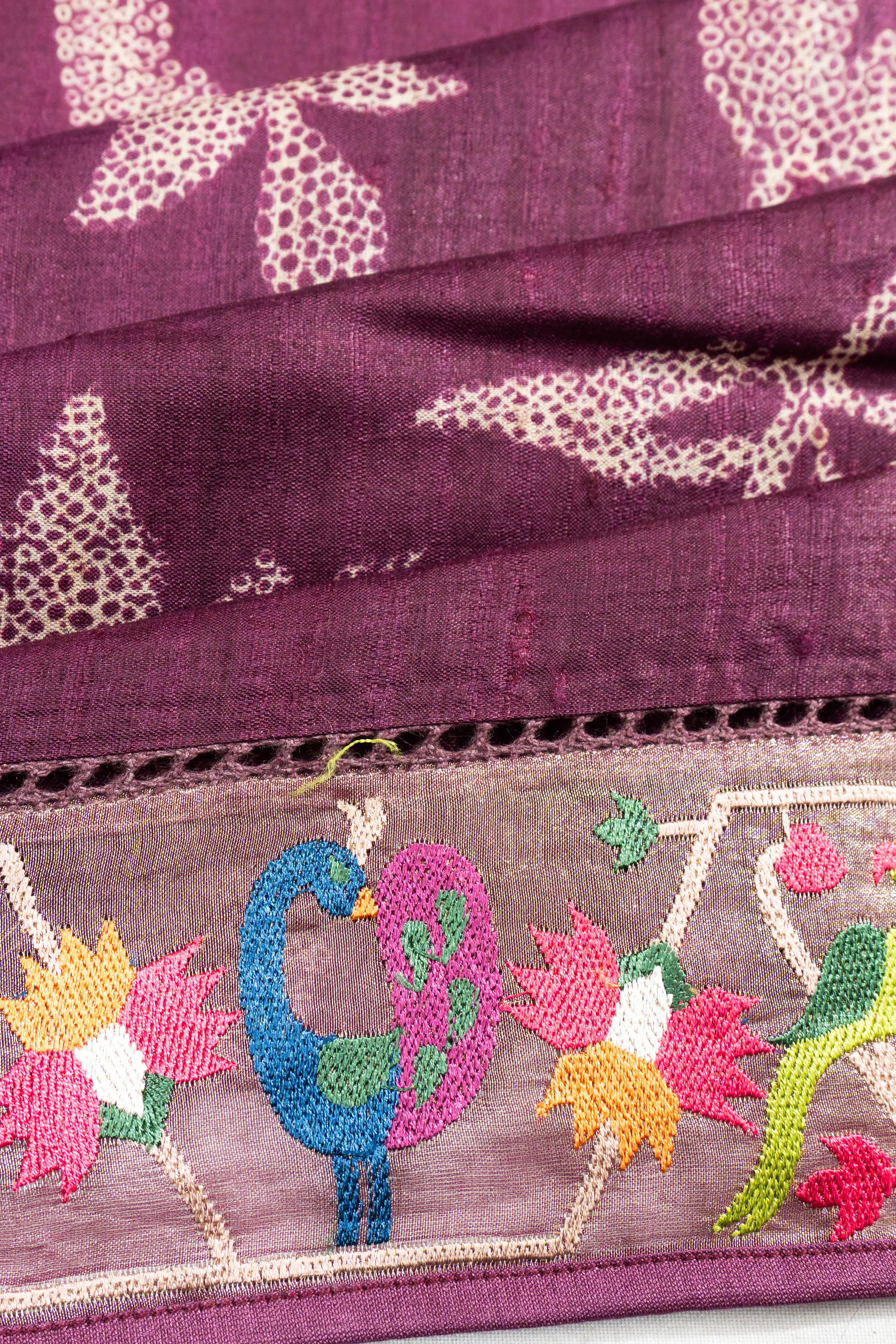 Tussar Floral Printed Purple Saree With Embroidery Border