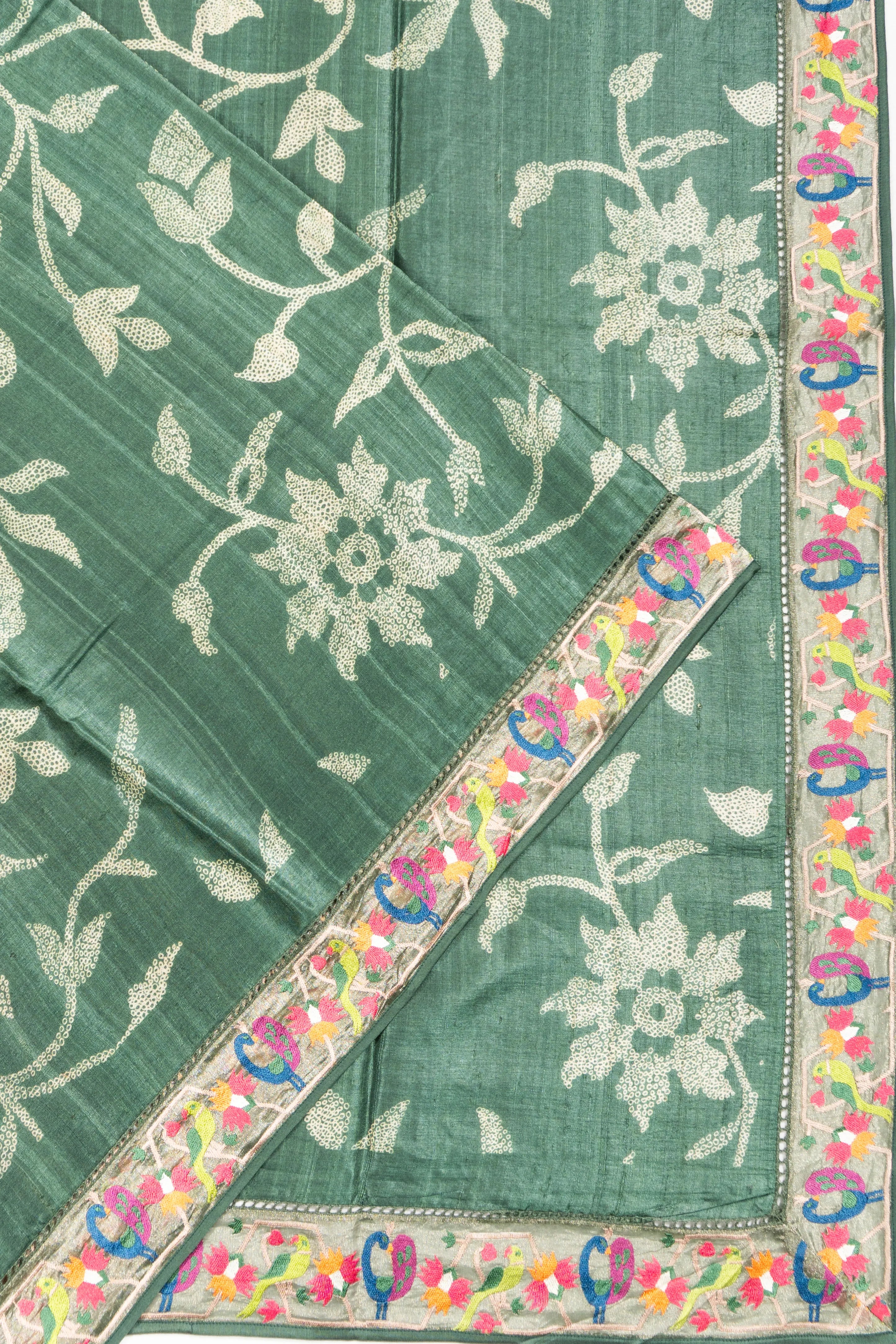 Tussar Floral Printed Green Saree With Embroidery Border