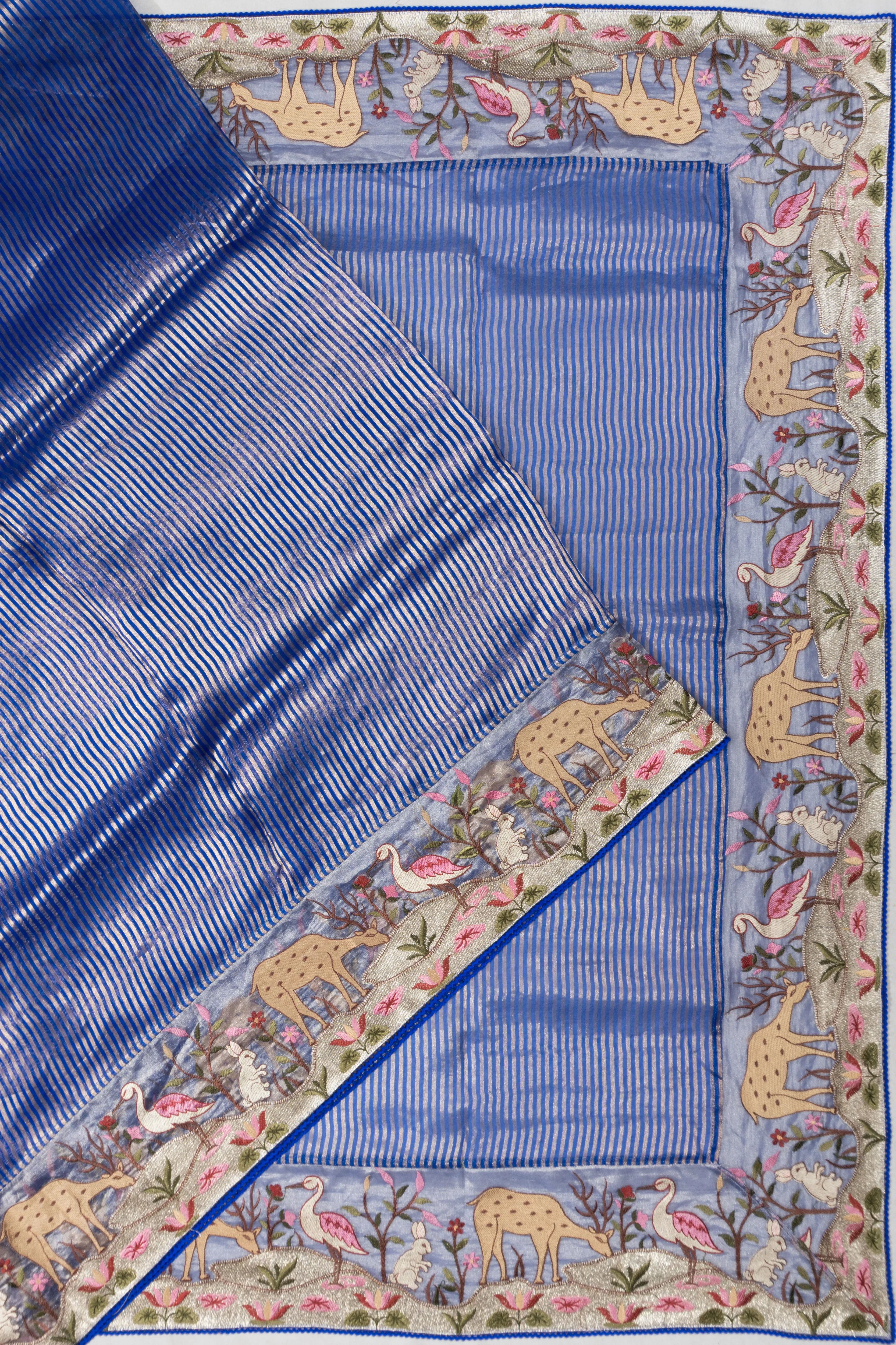 Organza Vertical Lines Royal Blue Saree With Embroidery Border