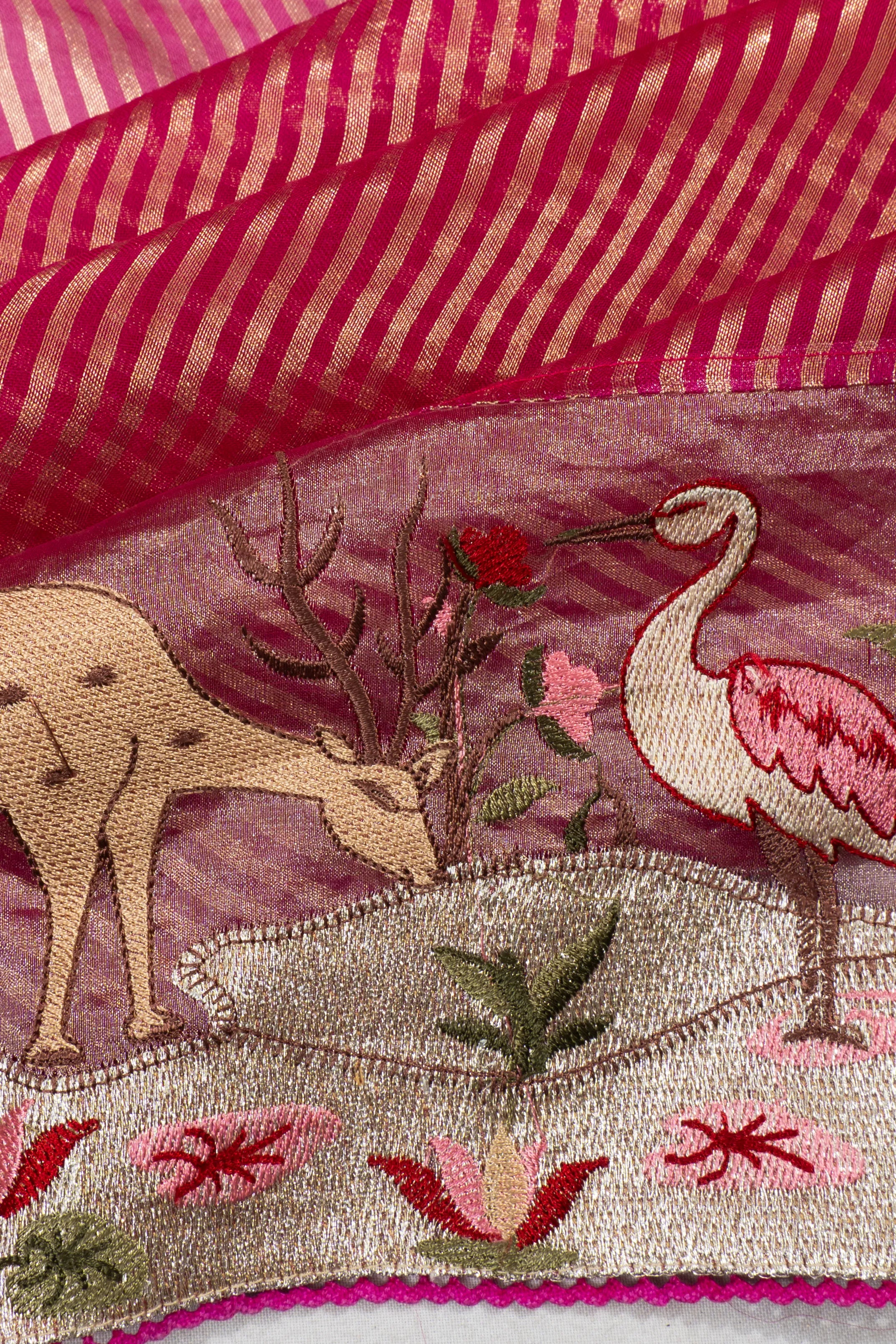 Organza Vertical Lines Red Saree With Embroidery Border