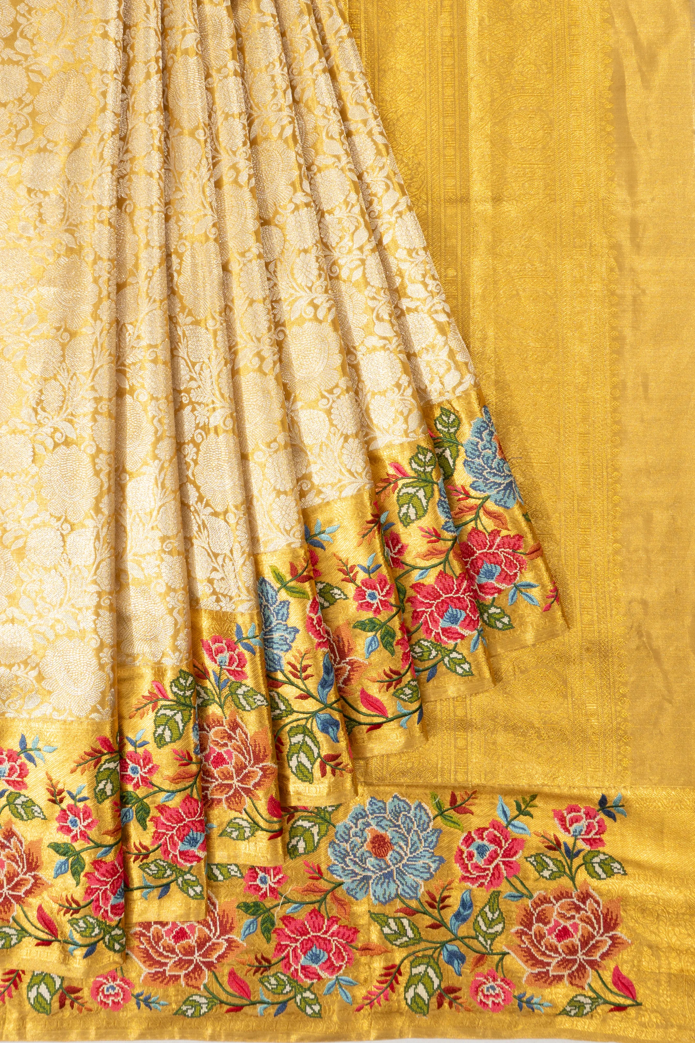 Kanchipuram Silk Tissue Brocade Gold Saree With Embroidery Border