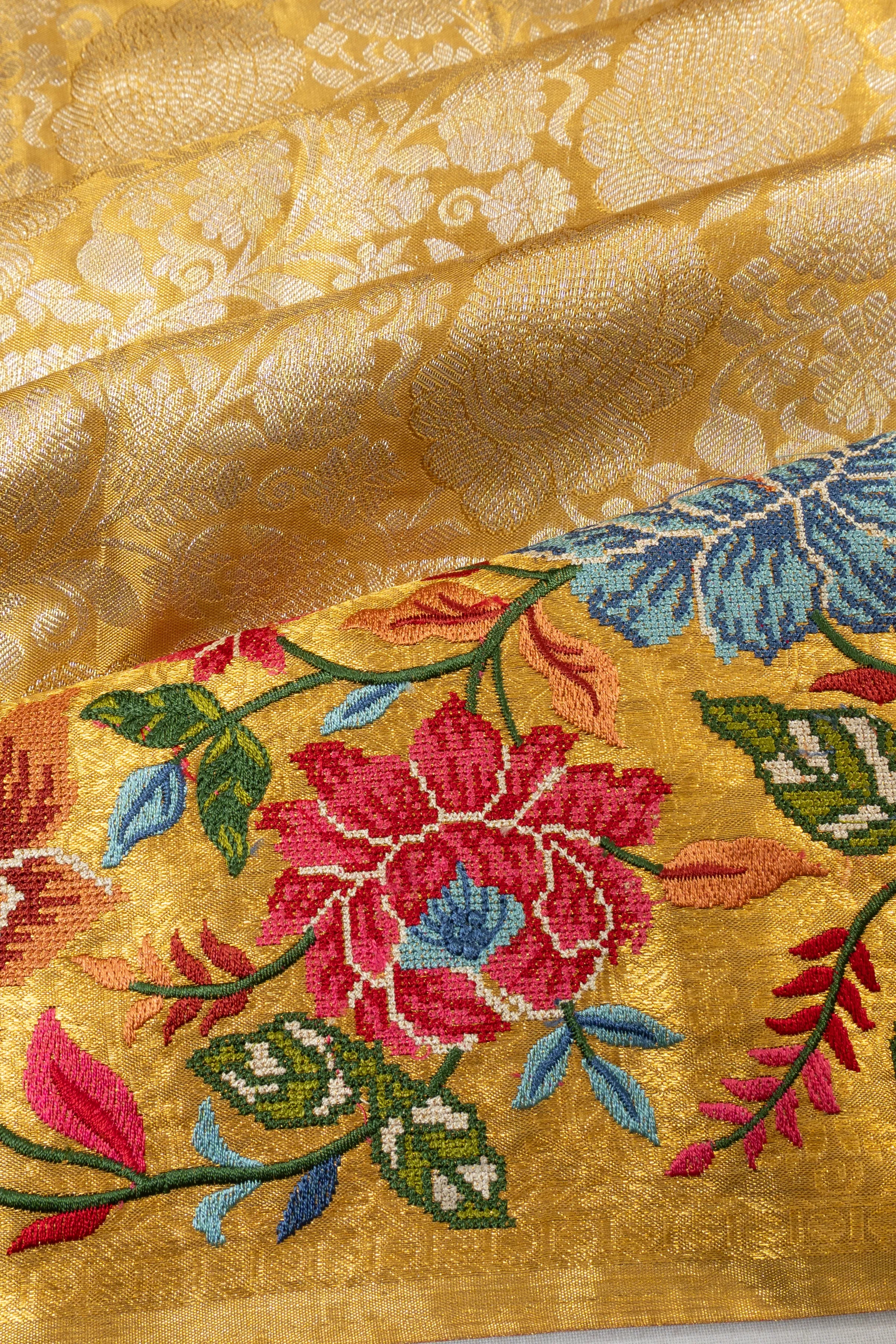 Kanchipuram Silk Tissue Brocade Gold Saree With Embroidery Border