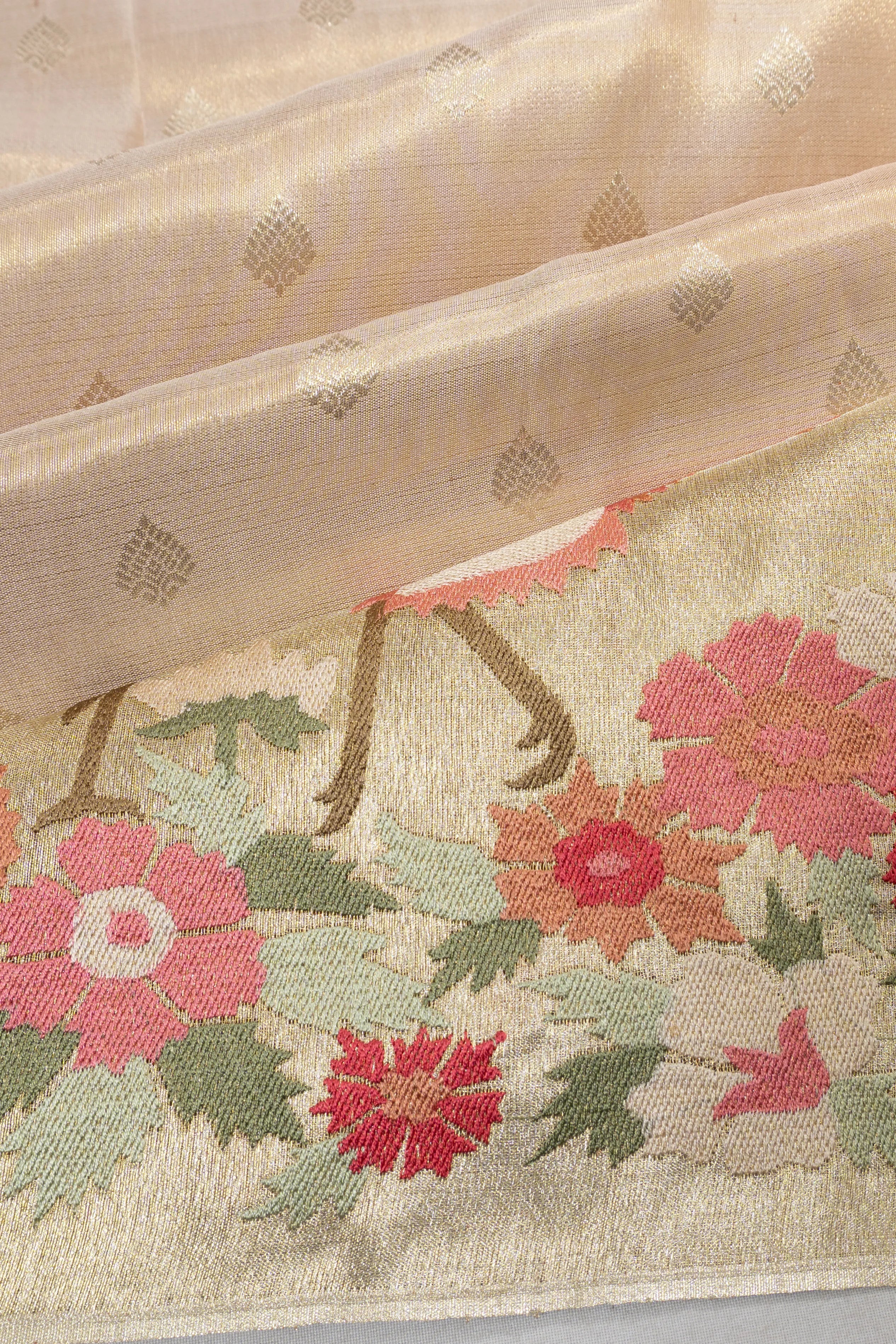 Kanchipuram Silk Tissue Butta Peach Saree With Embroidery Border