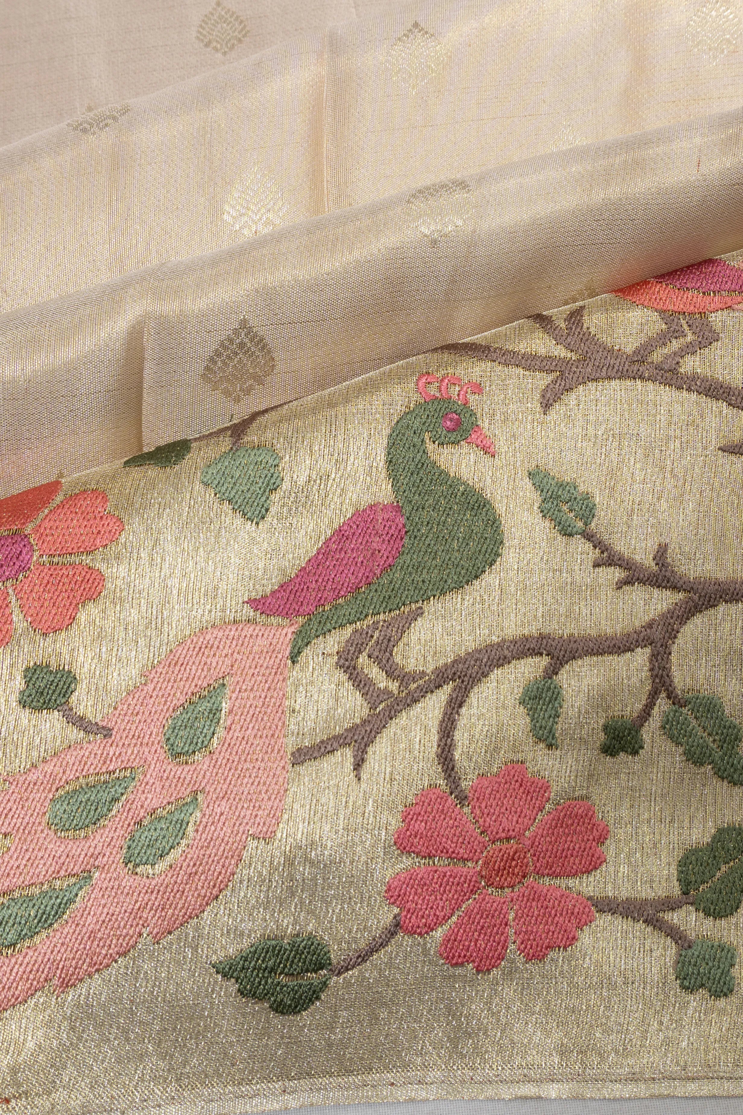 Kanchipuram Silk Tissue Butta Off White Saree With Embroidery Border