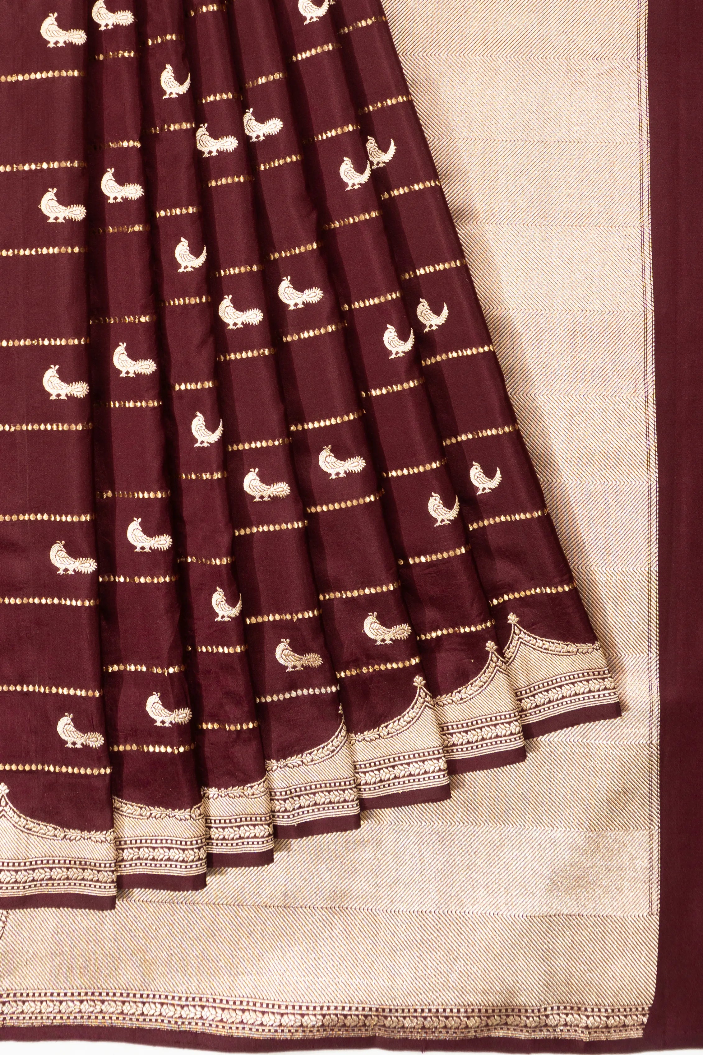 Banarasi Silk Horizontal Lines And Butta Brown Saree
