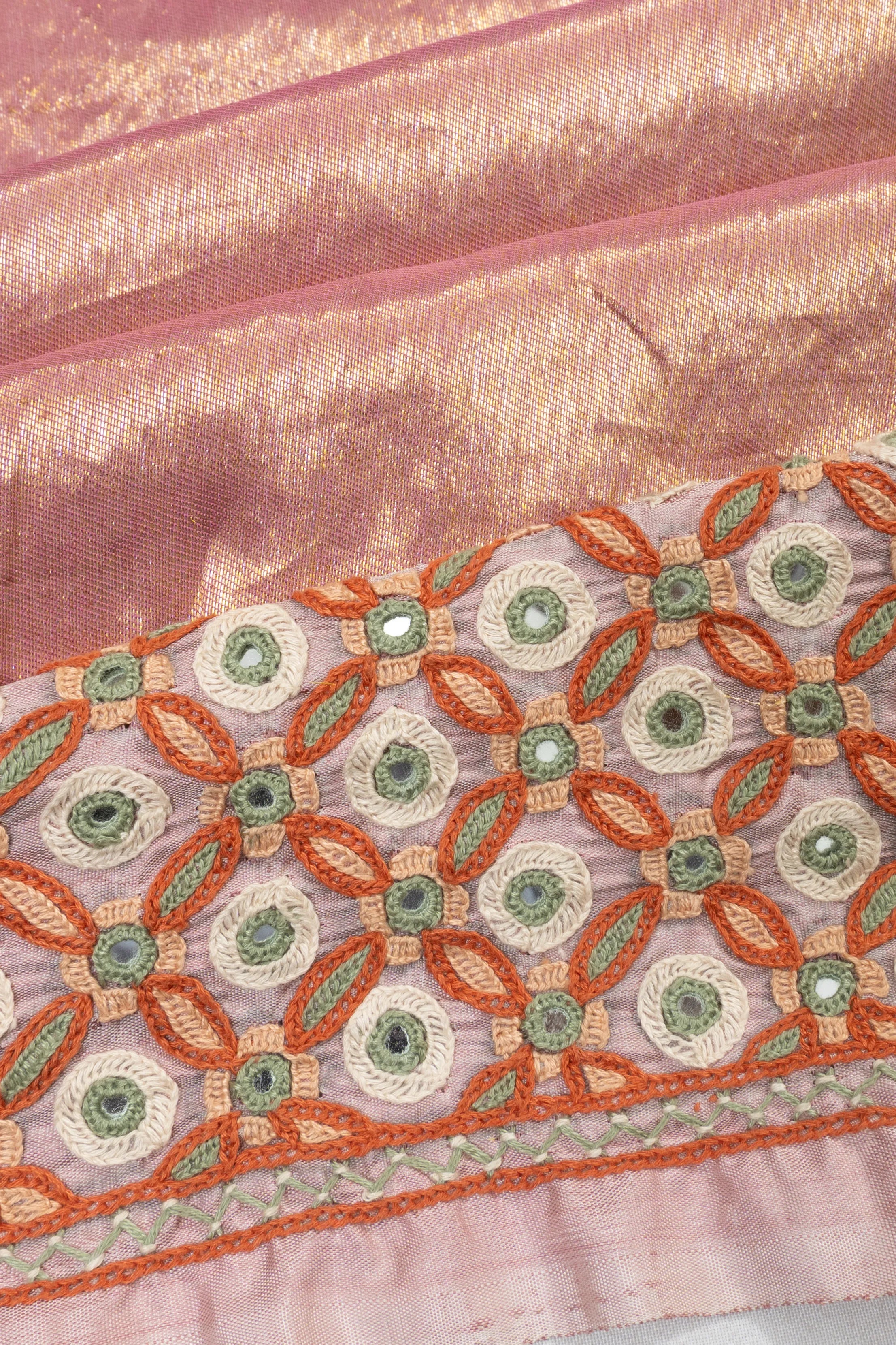 Kutch Work X Kanchipuram Silk Tissue Peach Hand Embroidered Saree