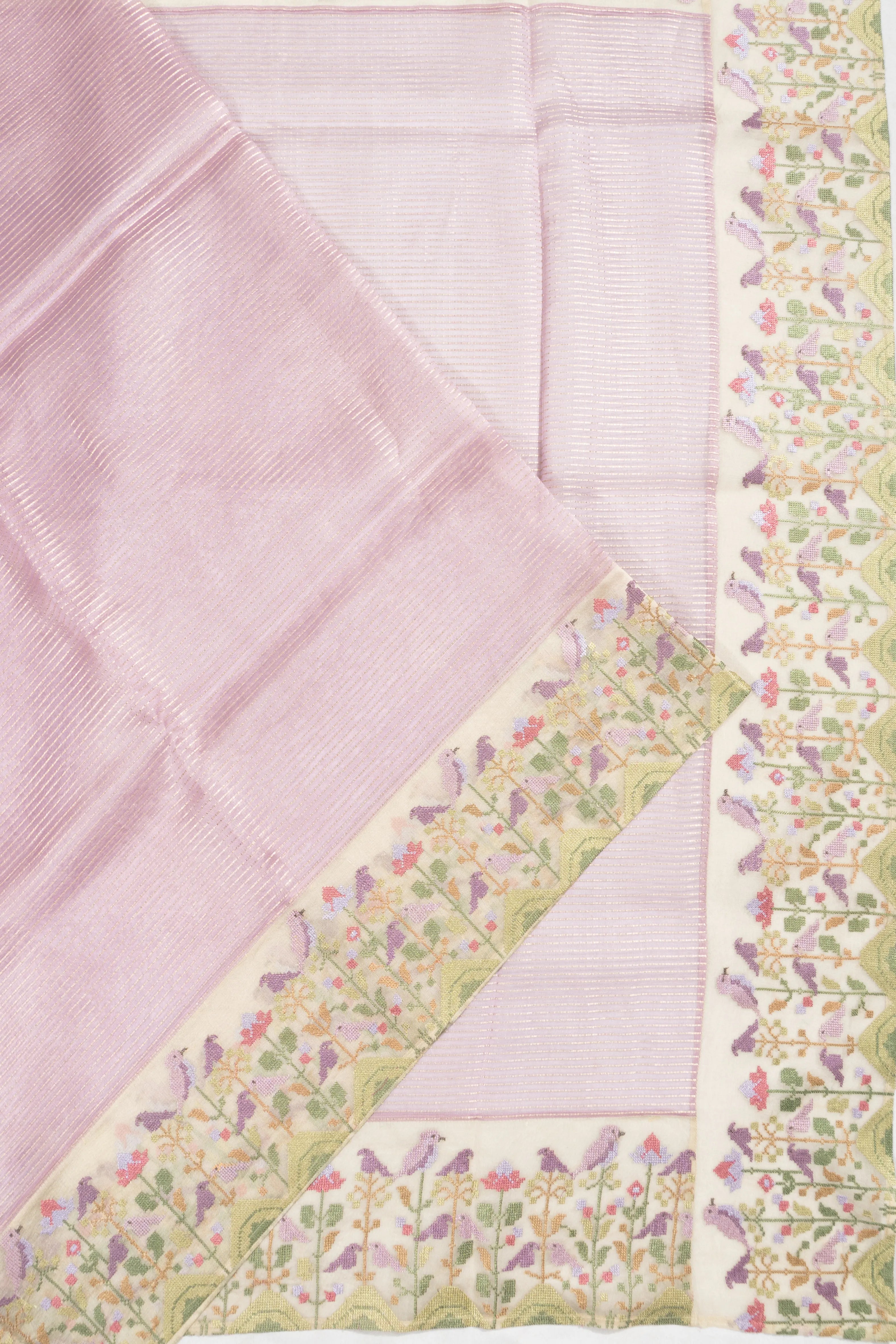 Organza Horizontal Lines Baby Pink Saree With Embroidery Border