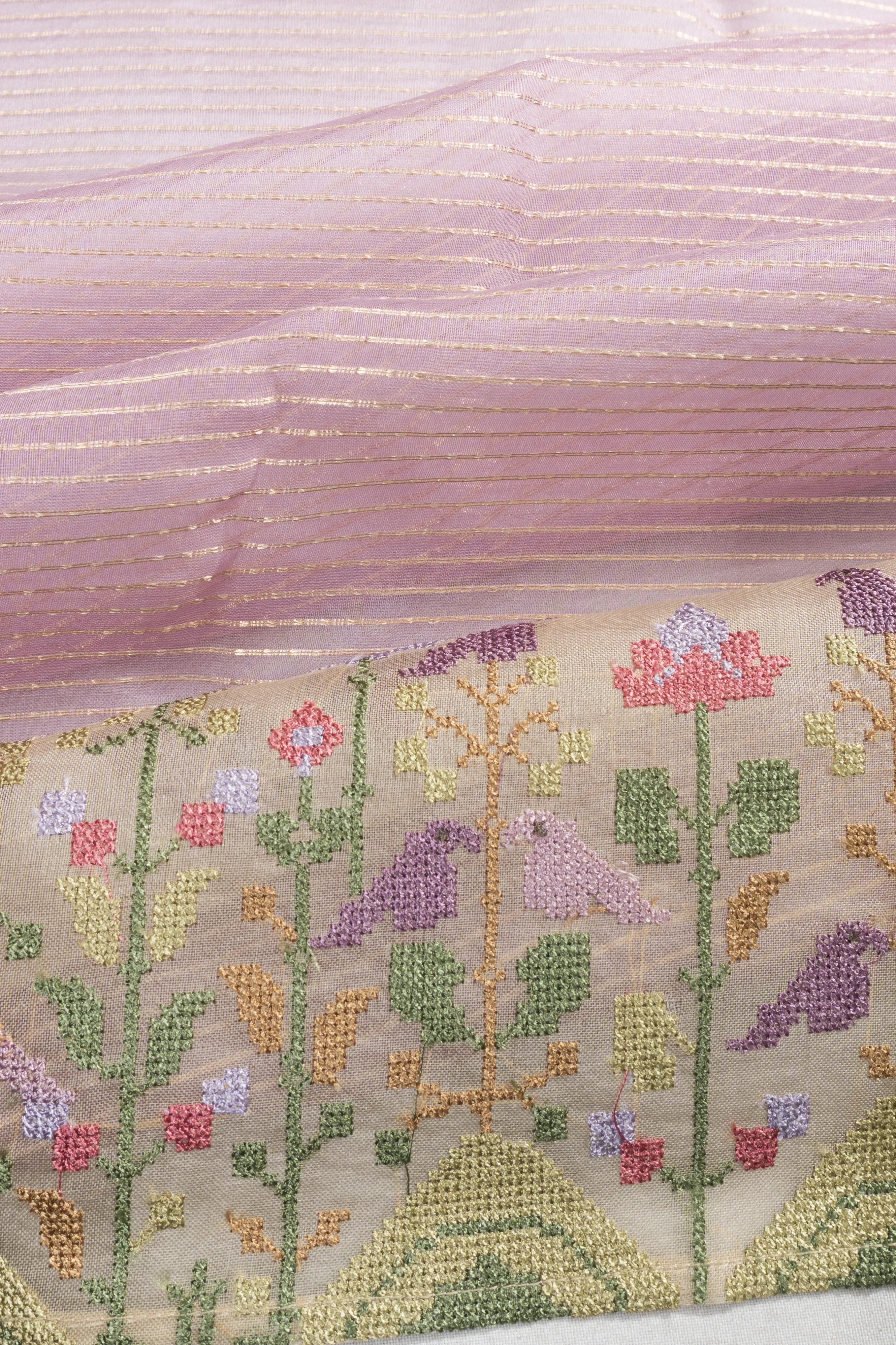 Organza Horizontal Lines Baby Pink Saree With Embroidery Border