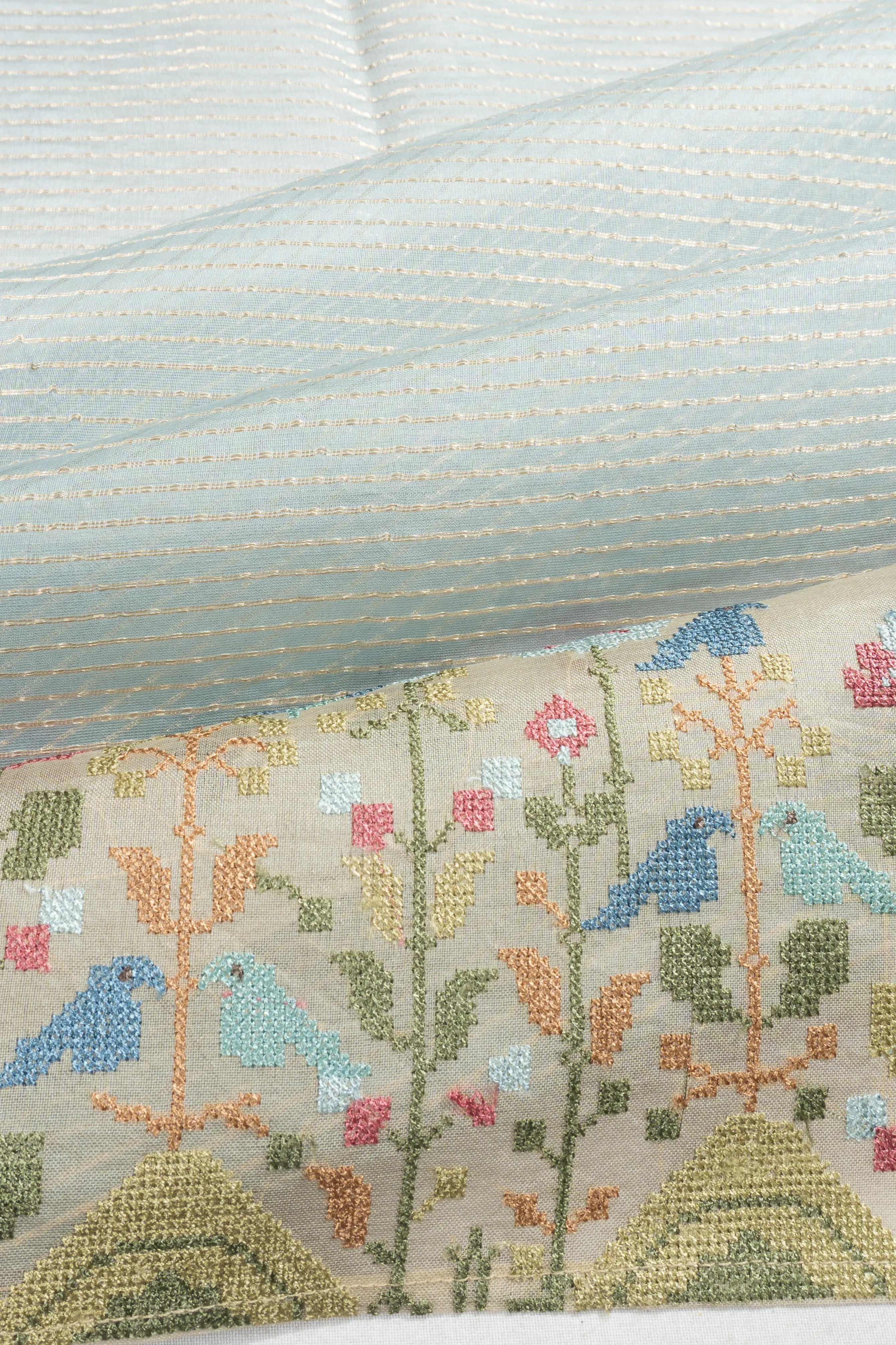 Organza Horizontal Lines Pastel Blue Saree With Embroidery Border