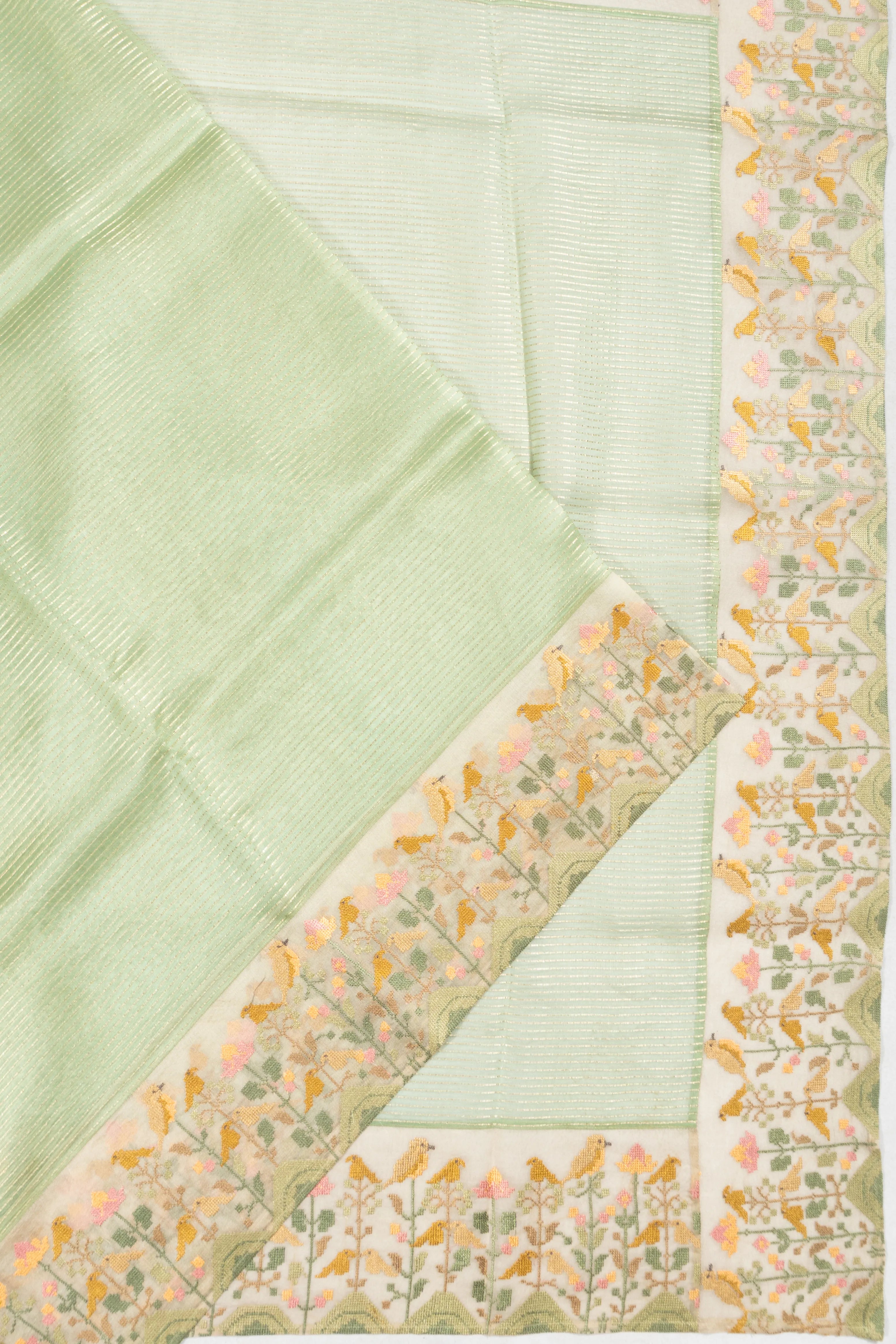 Organza Horizontal Lines Pastel Green Saree With Embroidery Border