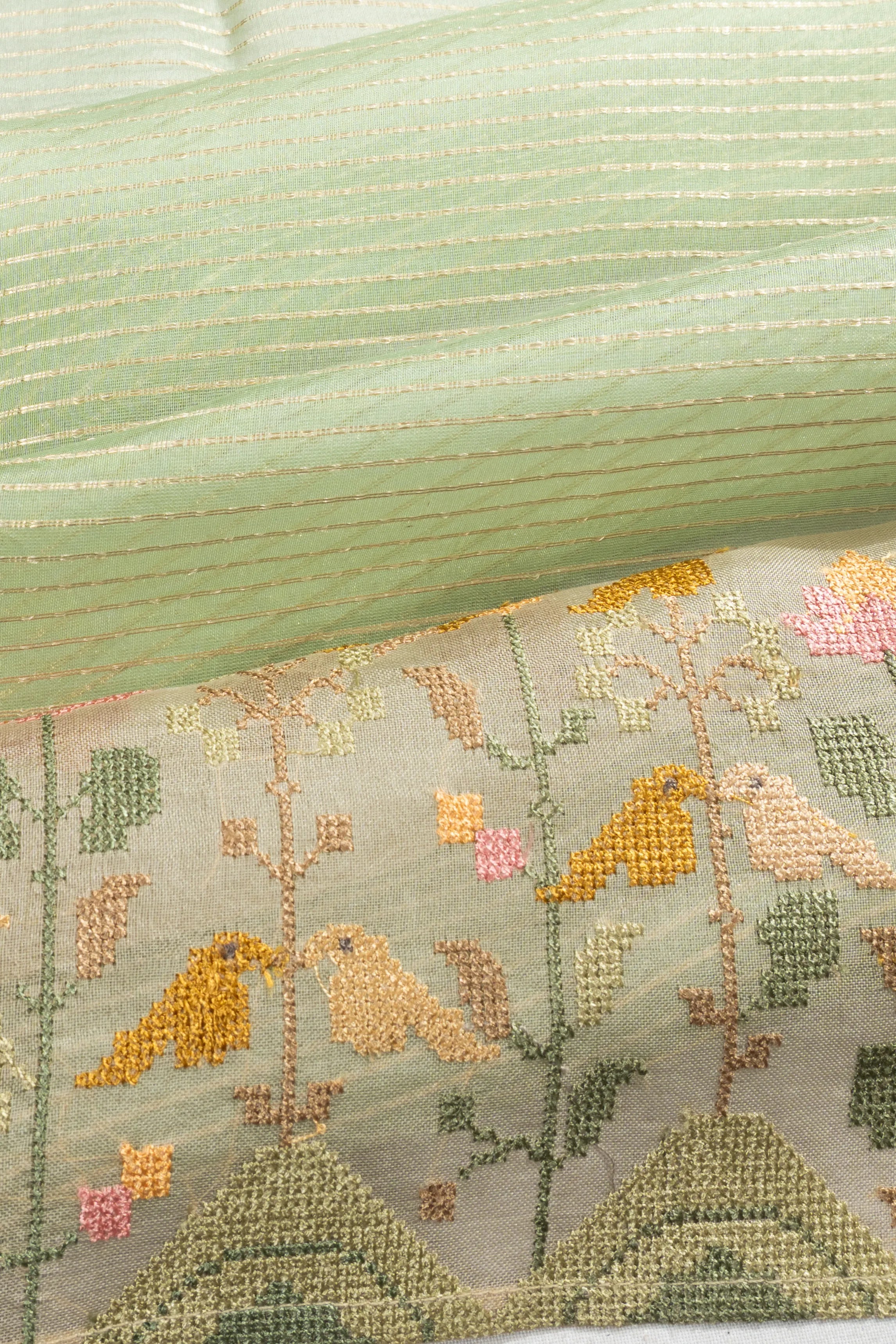 Organza Horizontal Lines Pastel Green Saree With Embroidery Border