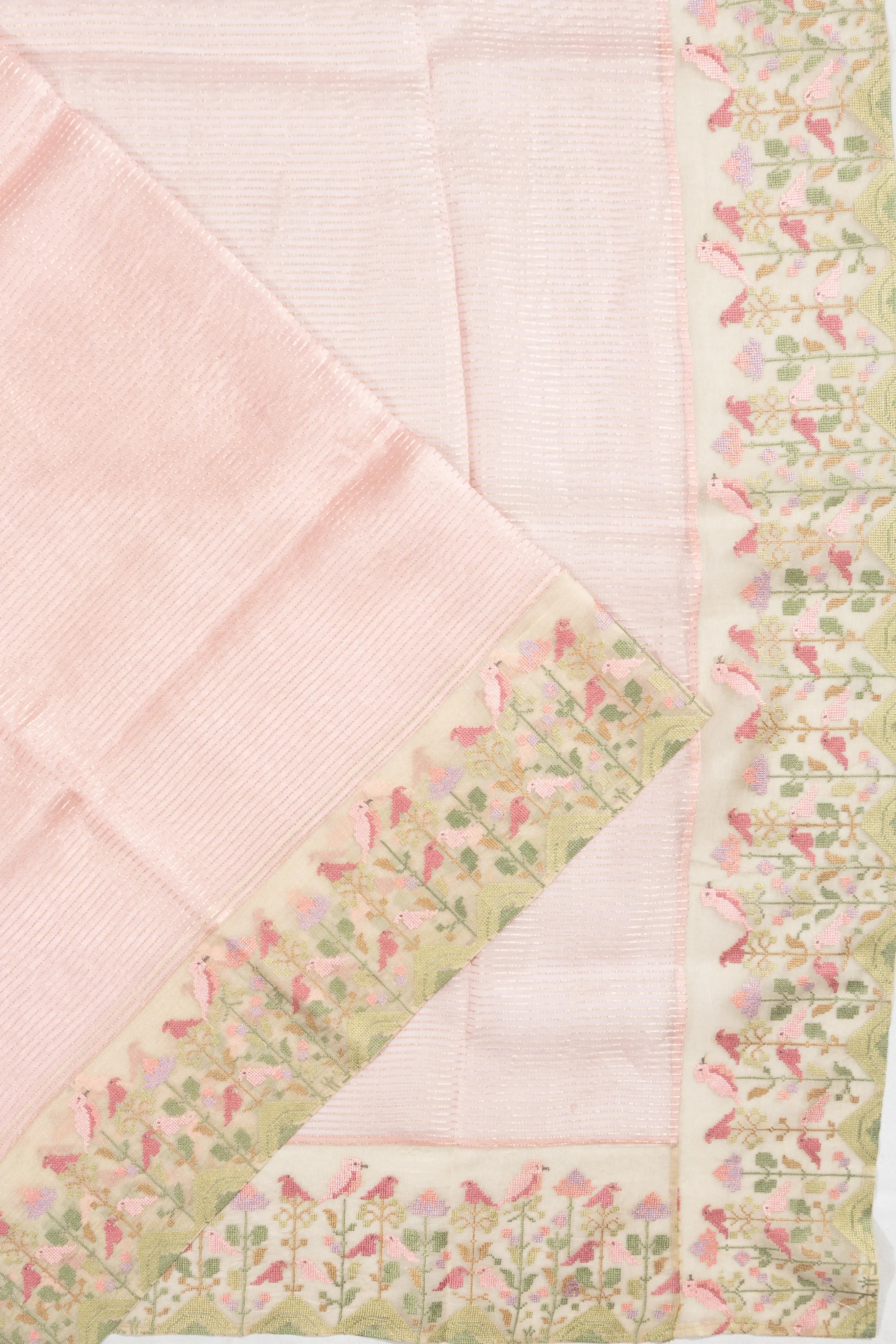 Organza Horizontal Lines Peach Saree With Embroidery Border