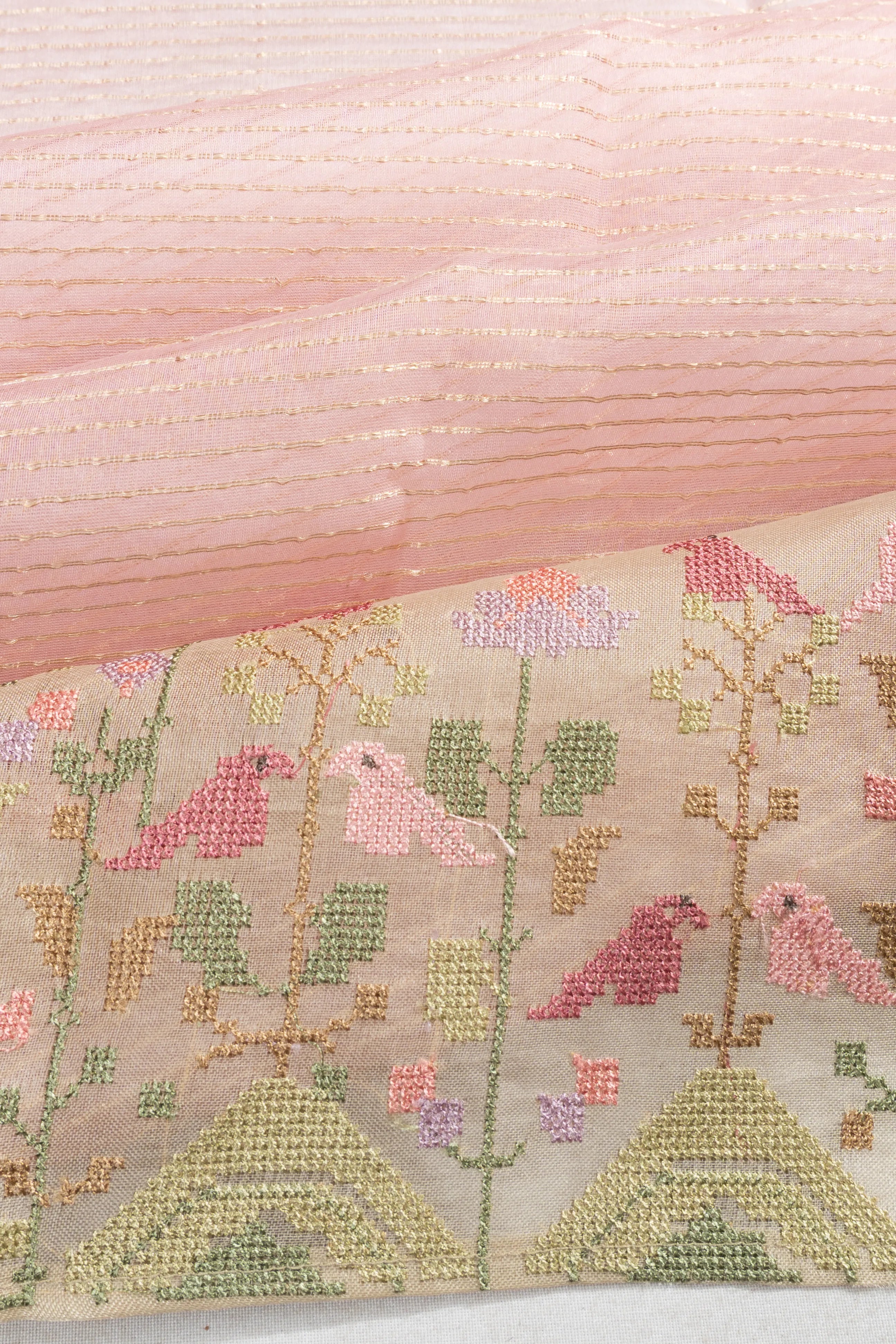 Organza Horizontal Lines Peach Saree With Embroidery Border