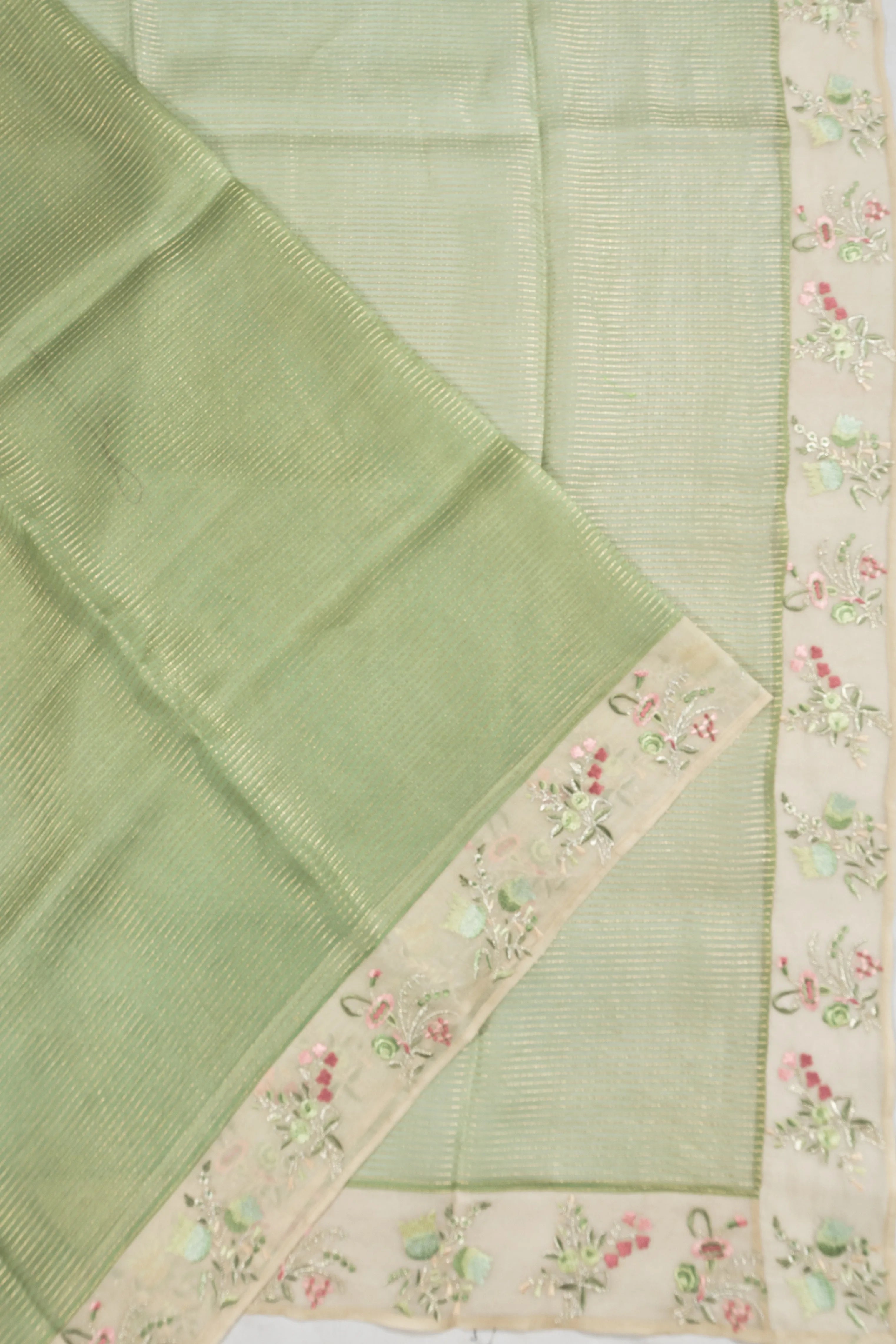 Organza Horizontal Lines Green Saree With Embroidery Border