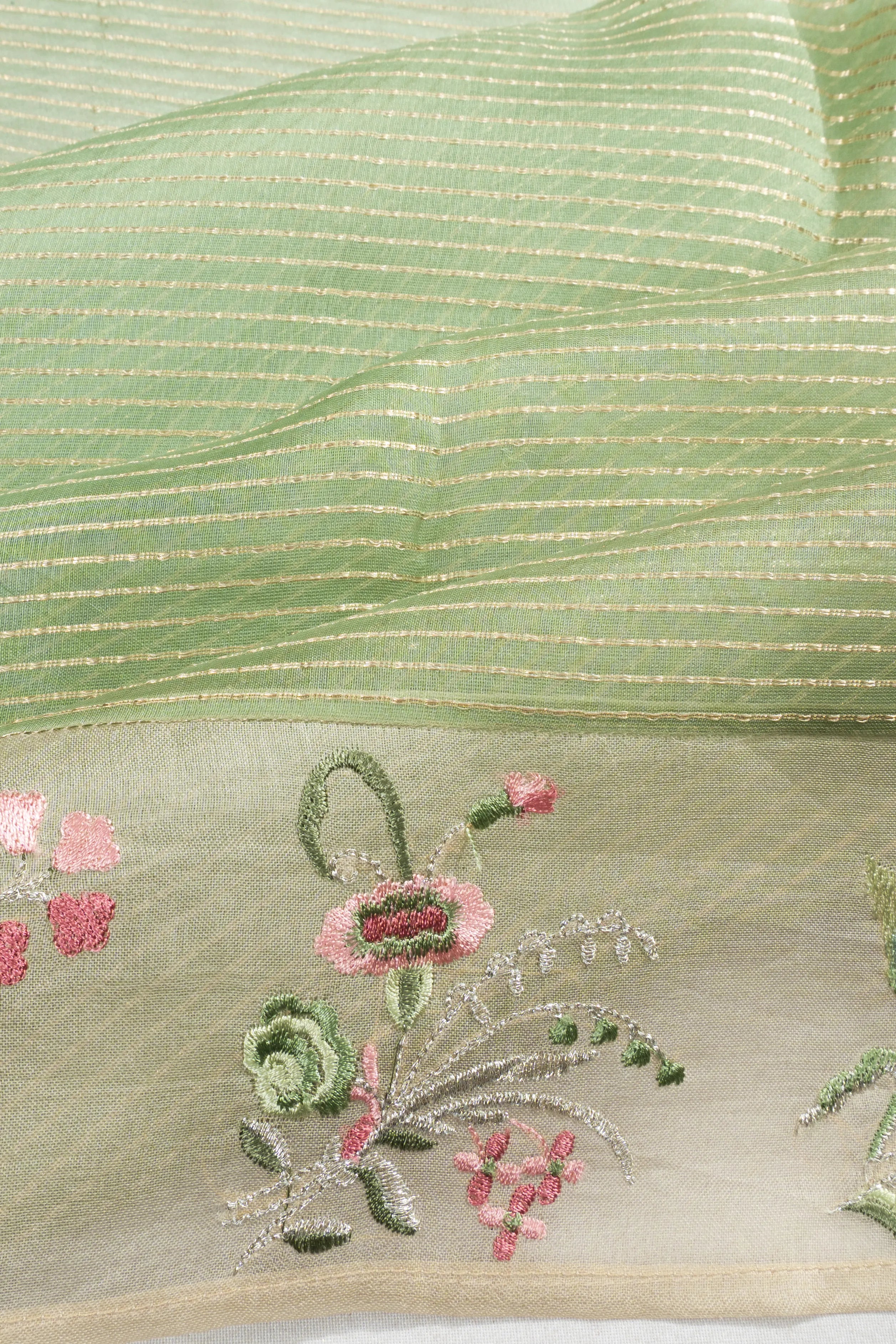 Organza Horizontal Lines Green Saree With Embroidery Border
