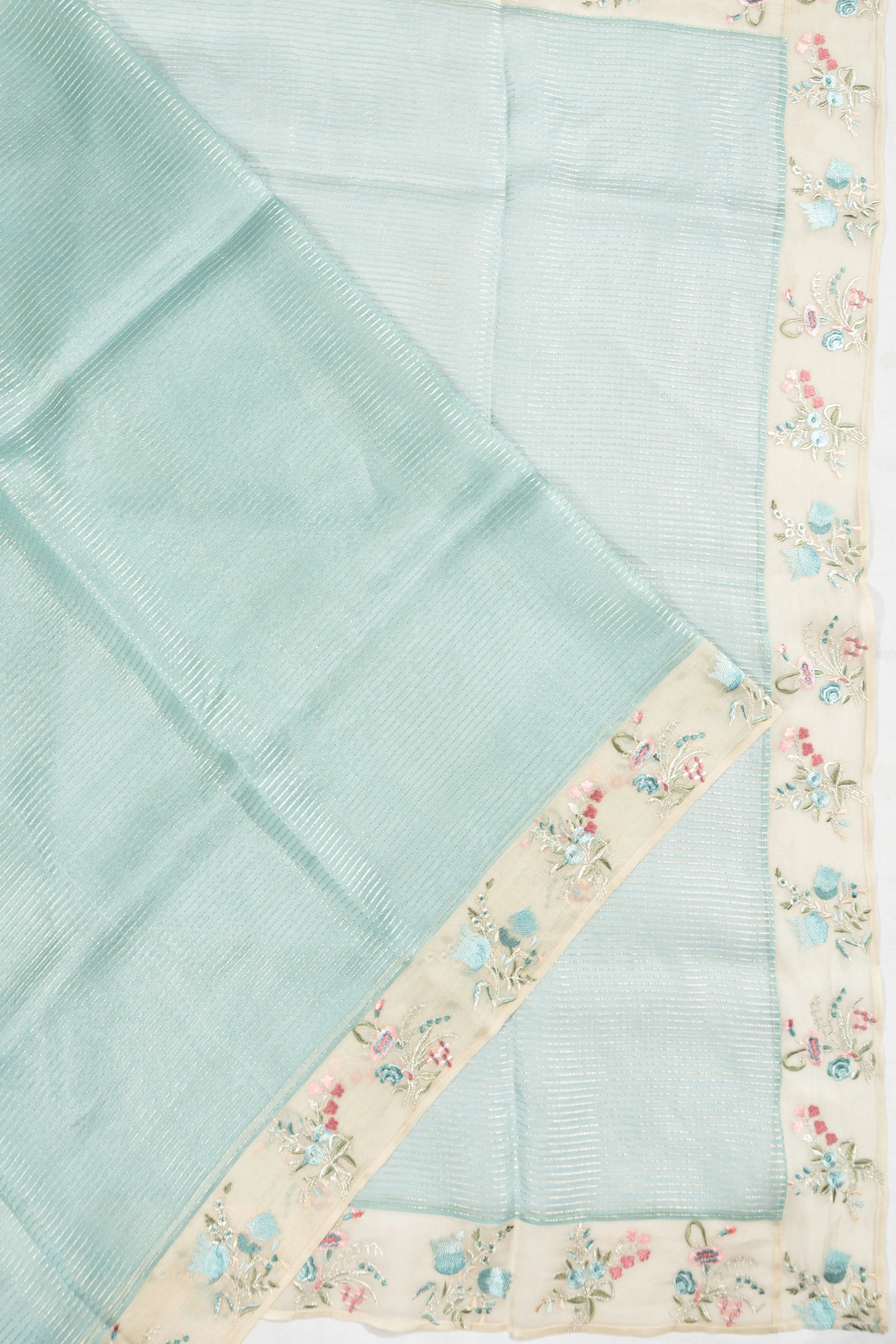Organza Horizontal Lines Sky Blue Saree With Embroidery Border