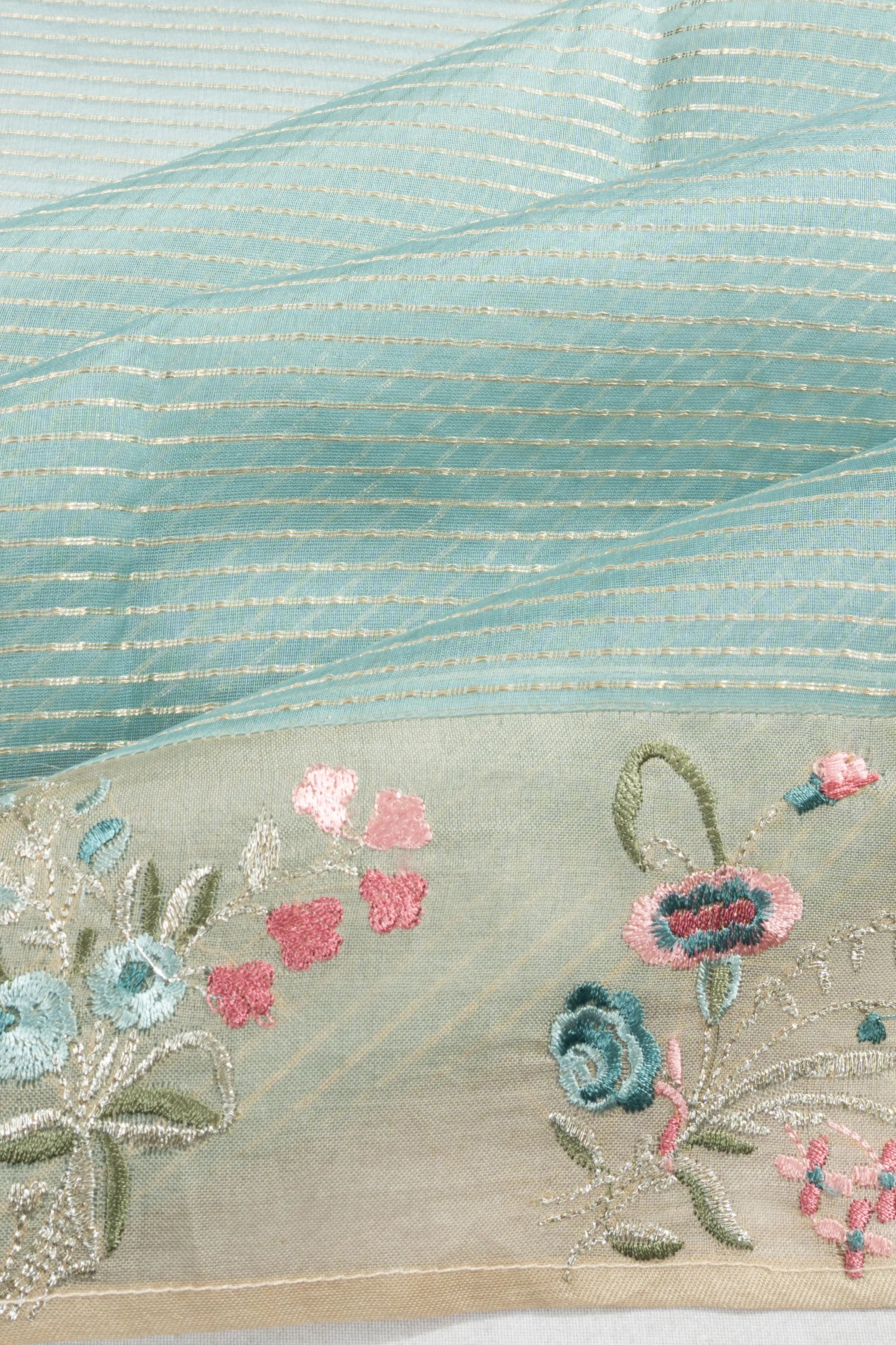Organza Horizontal Lines Sky Blue Saree With Embroidery Border