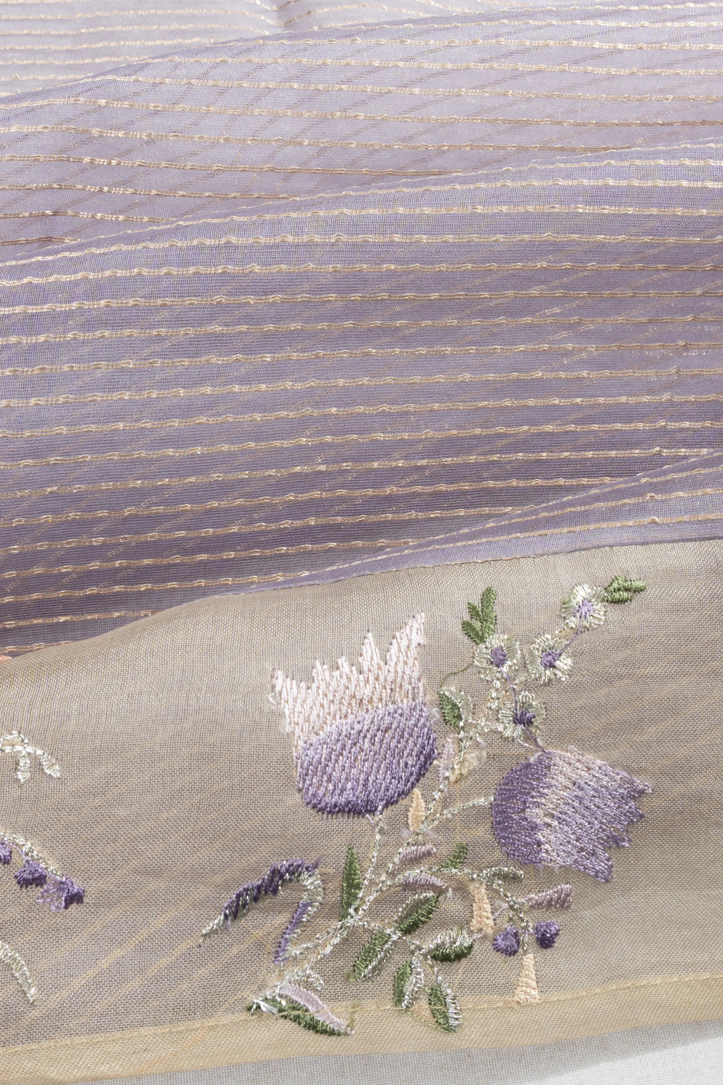 Organza Horizontal Lines Lavender Saree With Embroidery Border