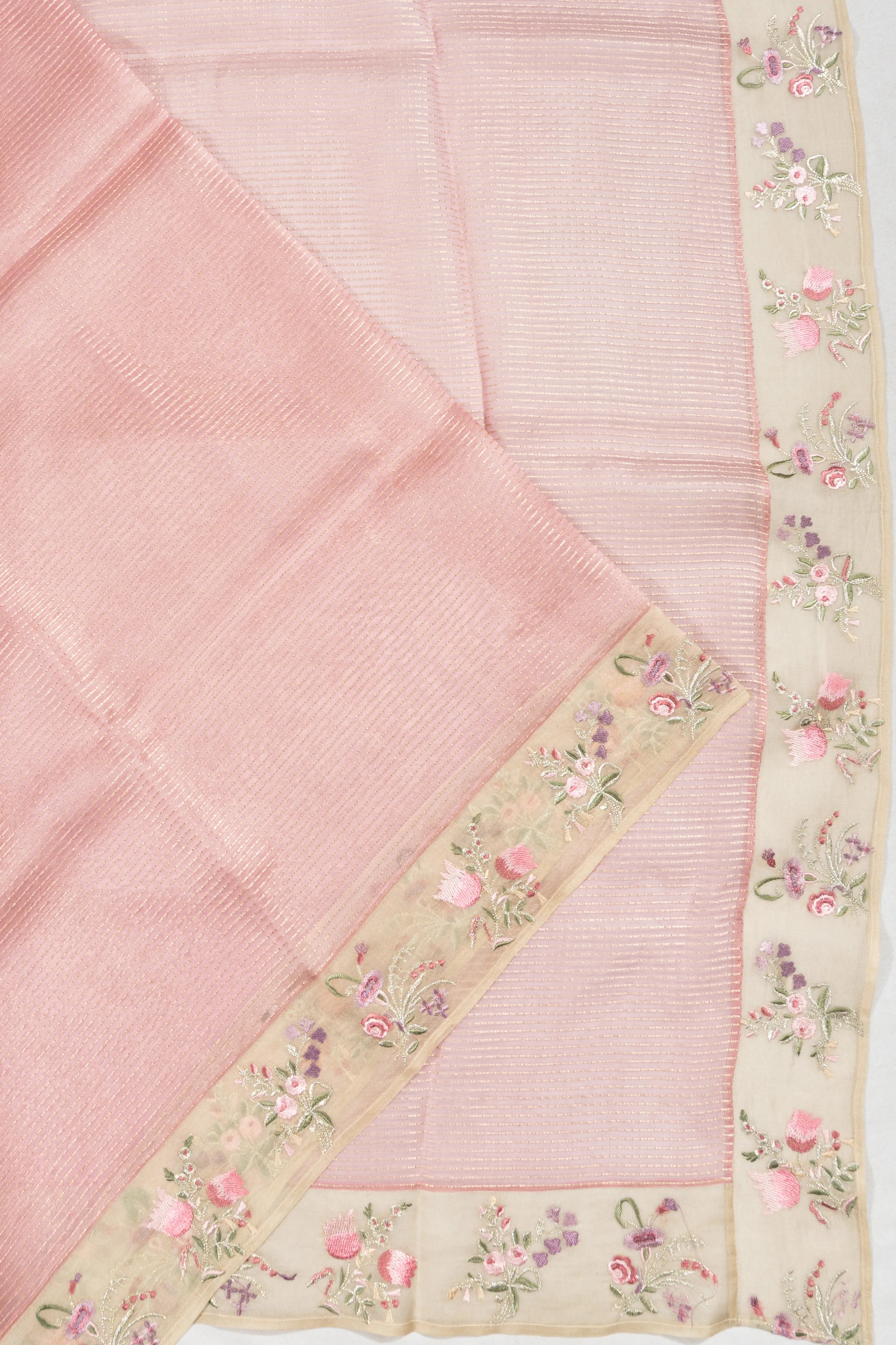 Organza Horizontal Lines Peach Saree With Embroidery Border