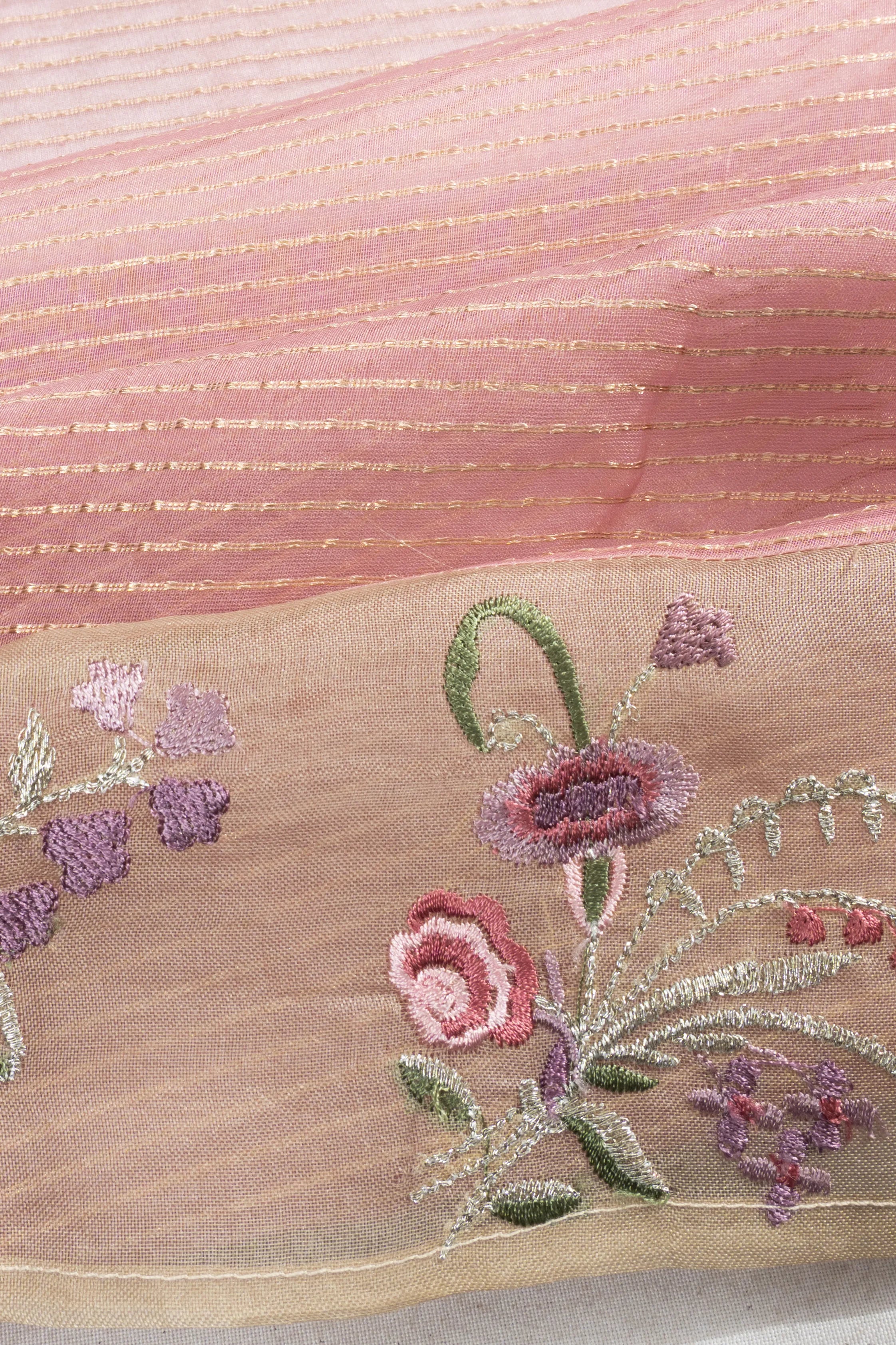 Organza Horizontal Lines Peach Saree With Embroidery Border