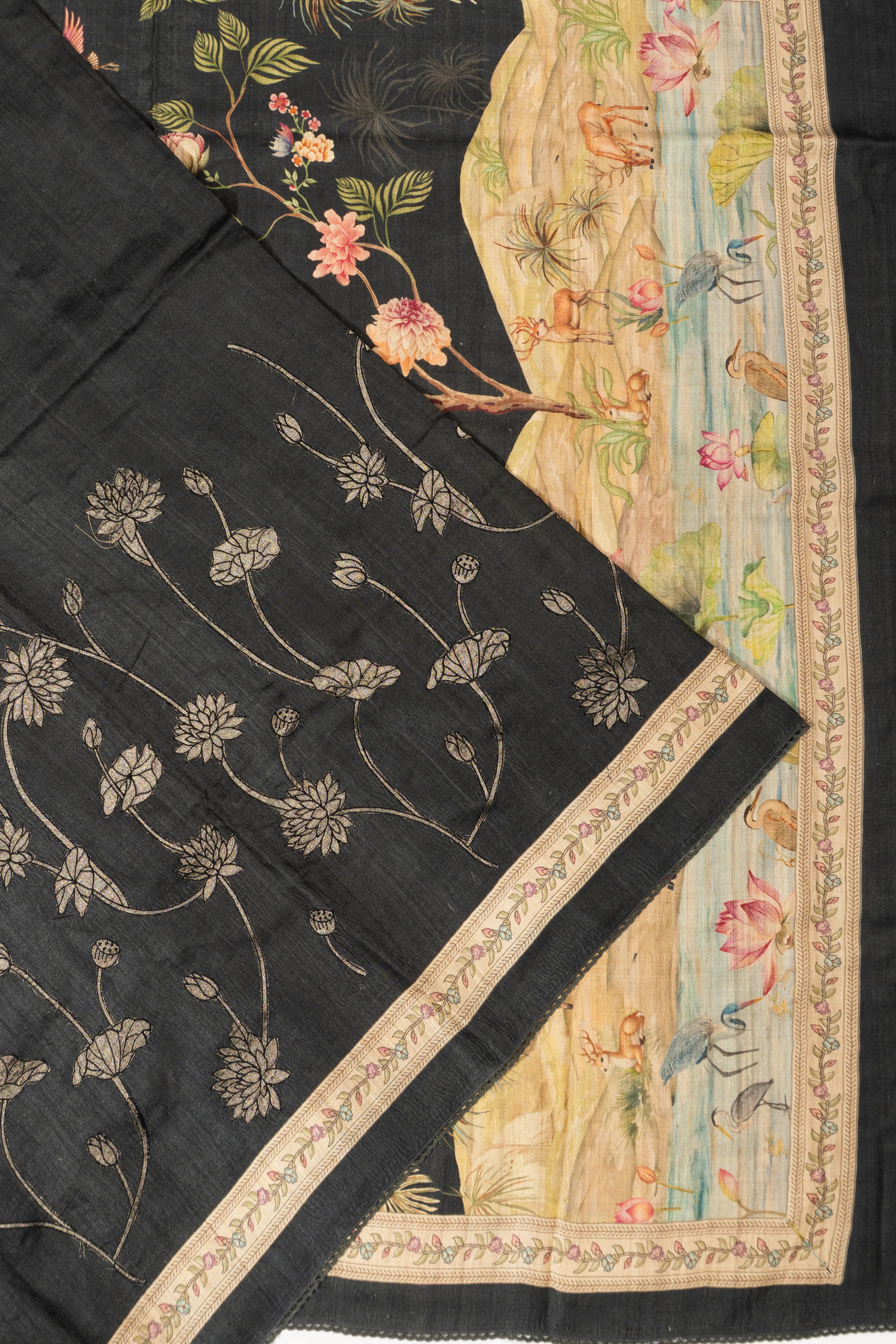 Tussar Floral Printed Black Saree