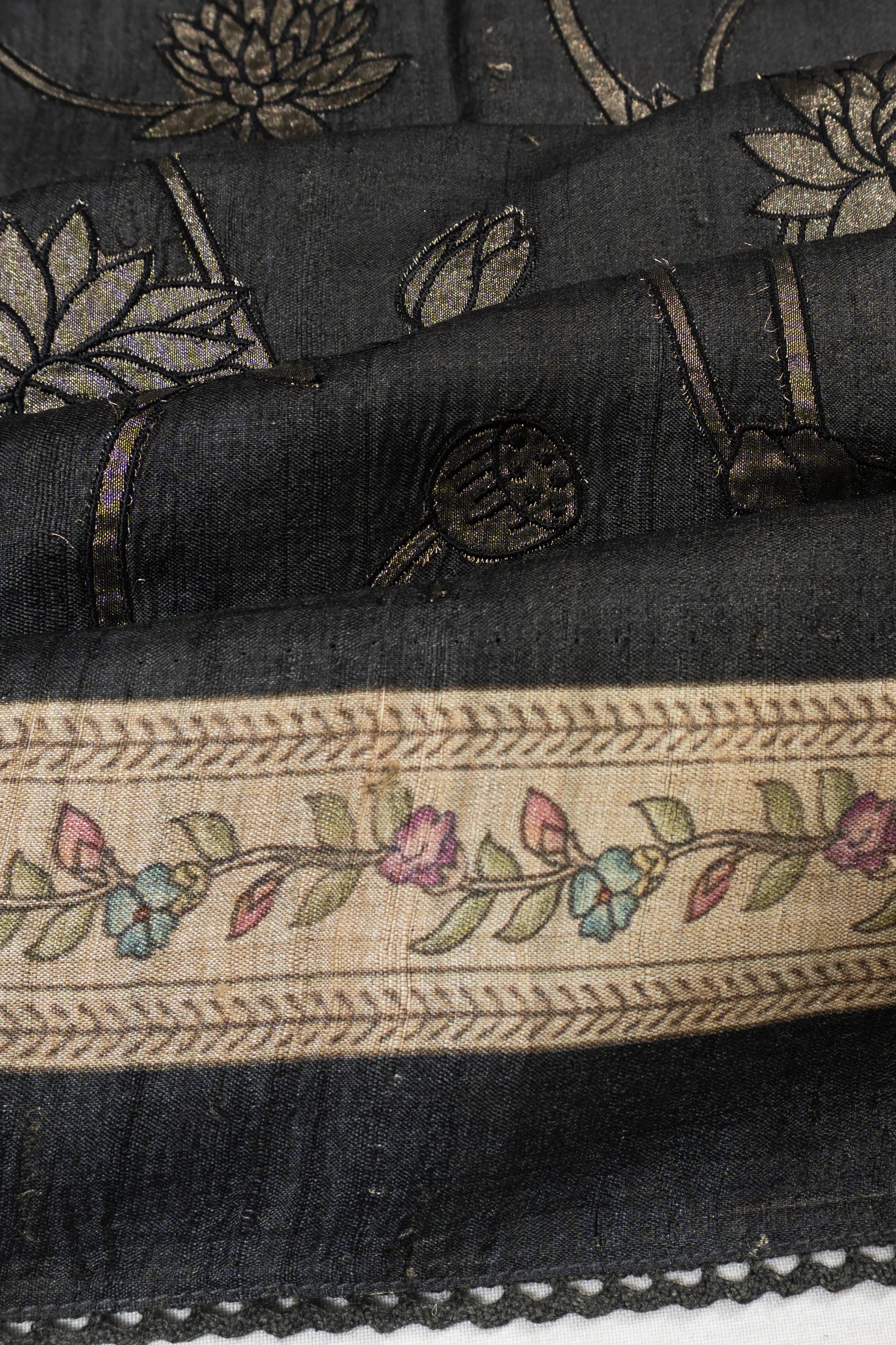 Tussar Floral Printed Black Saree