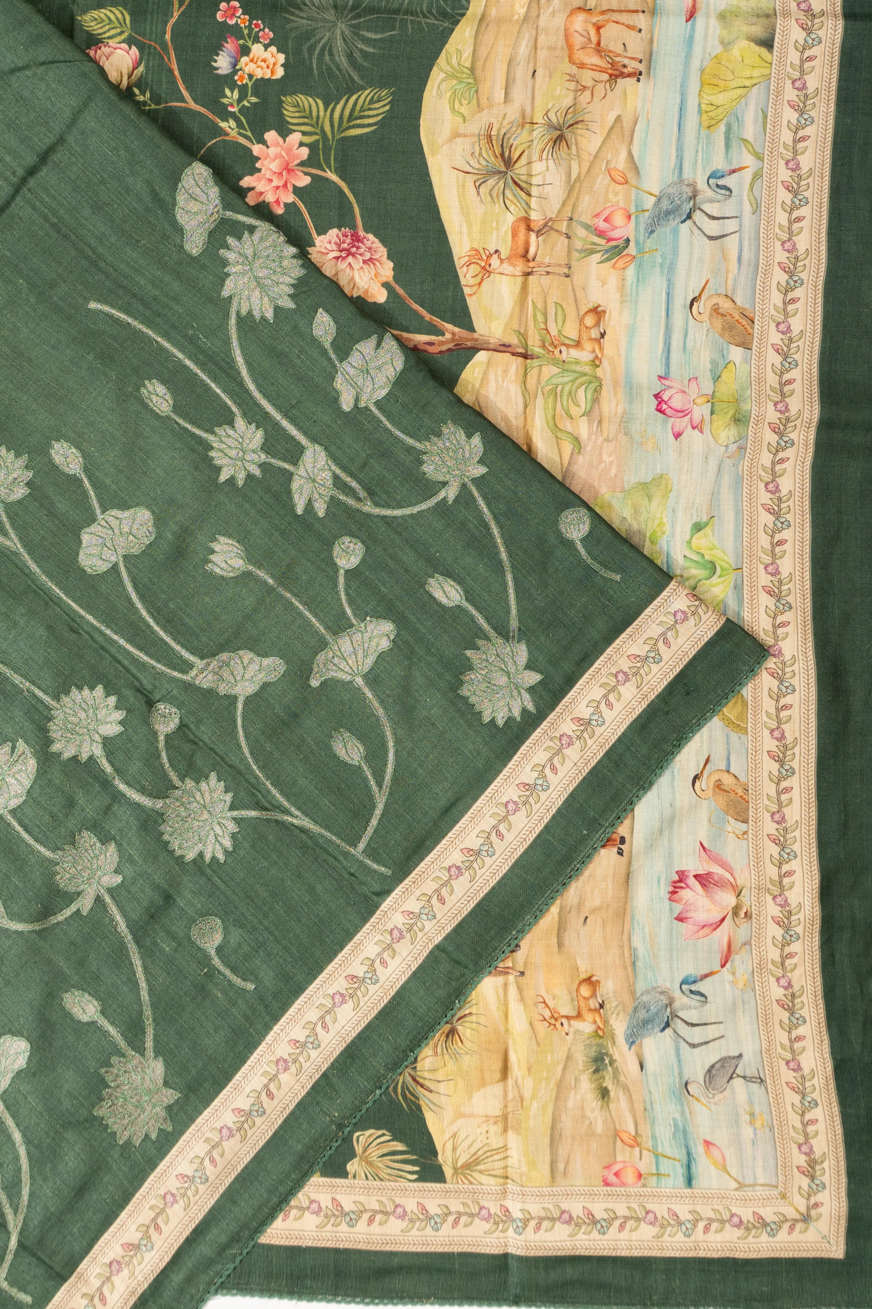 Tussar Floral Printed Green Saree