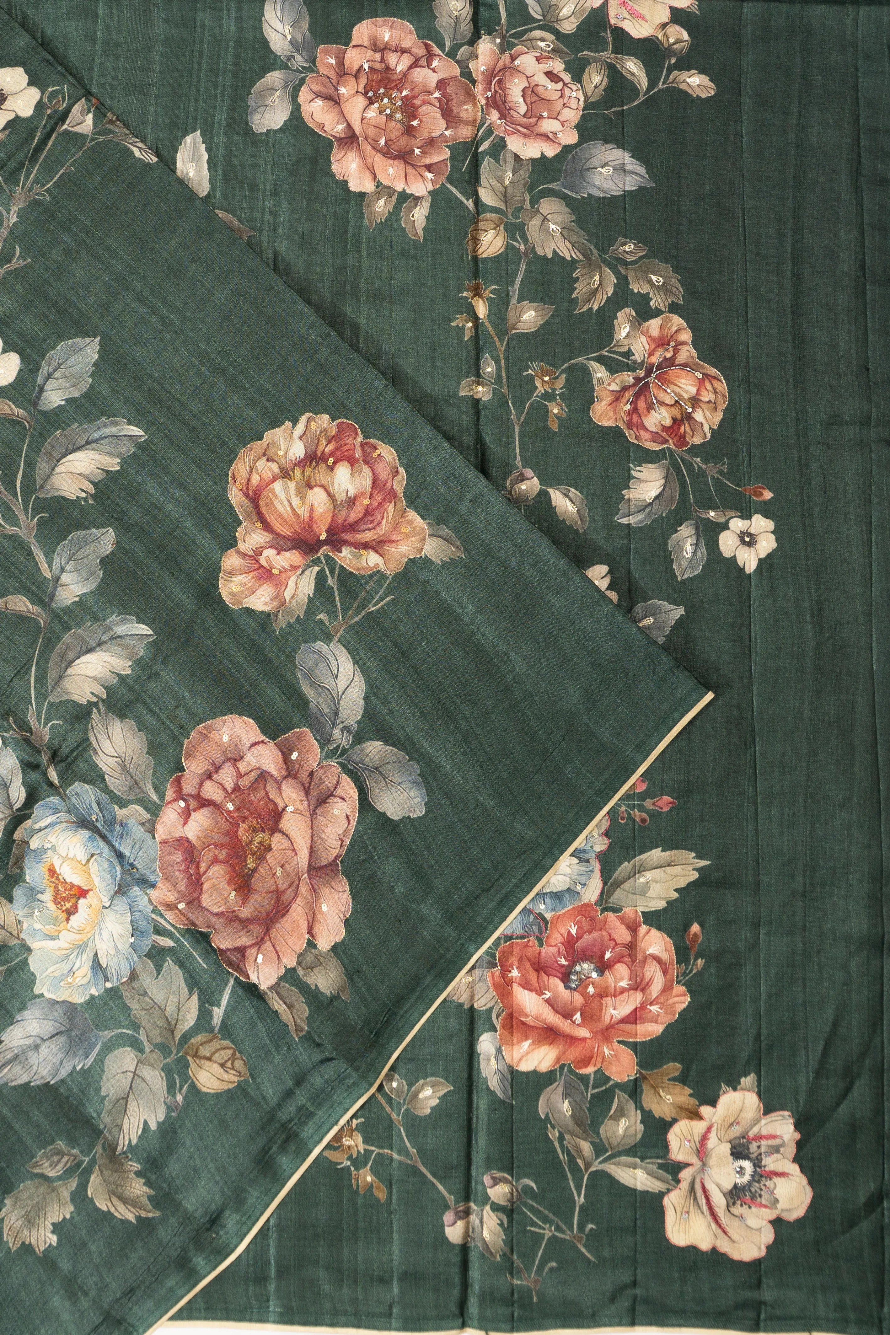 Tussar Floral Printed Dark Green Saree