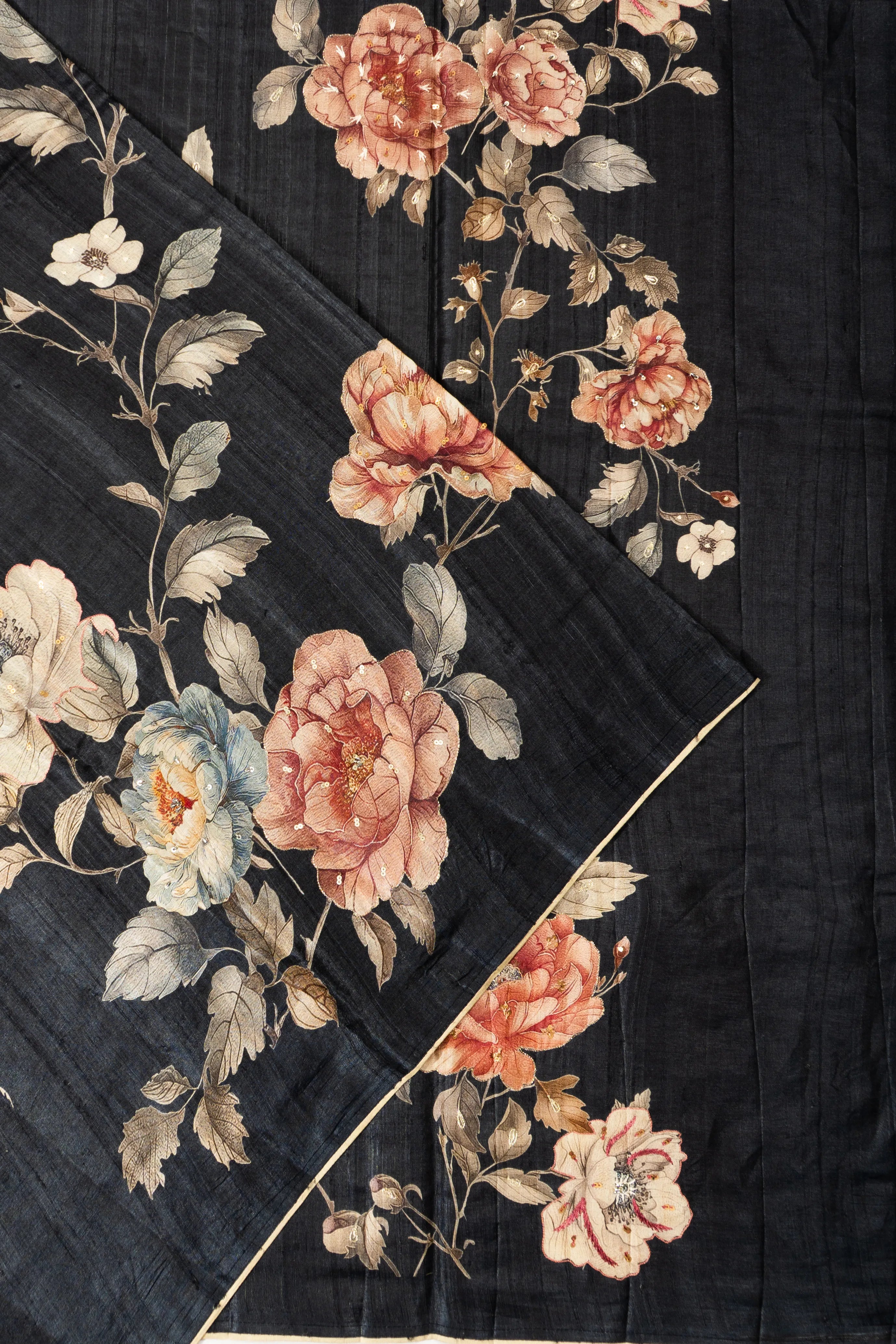 Tussar Floral Printed Black Saree